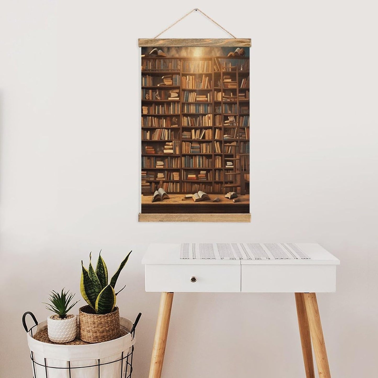 Vintage Books-png Poster with Wooden Frame Personalized Linen Hanging Scroll Painting Rustic Wall Hanging Illustrative Modern Artwork Decor for Home Living Room Bedroom Office