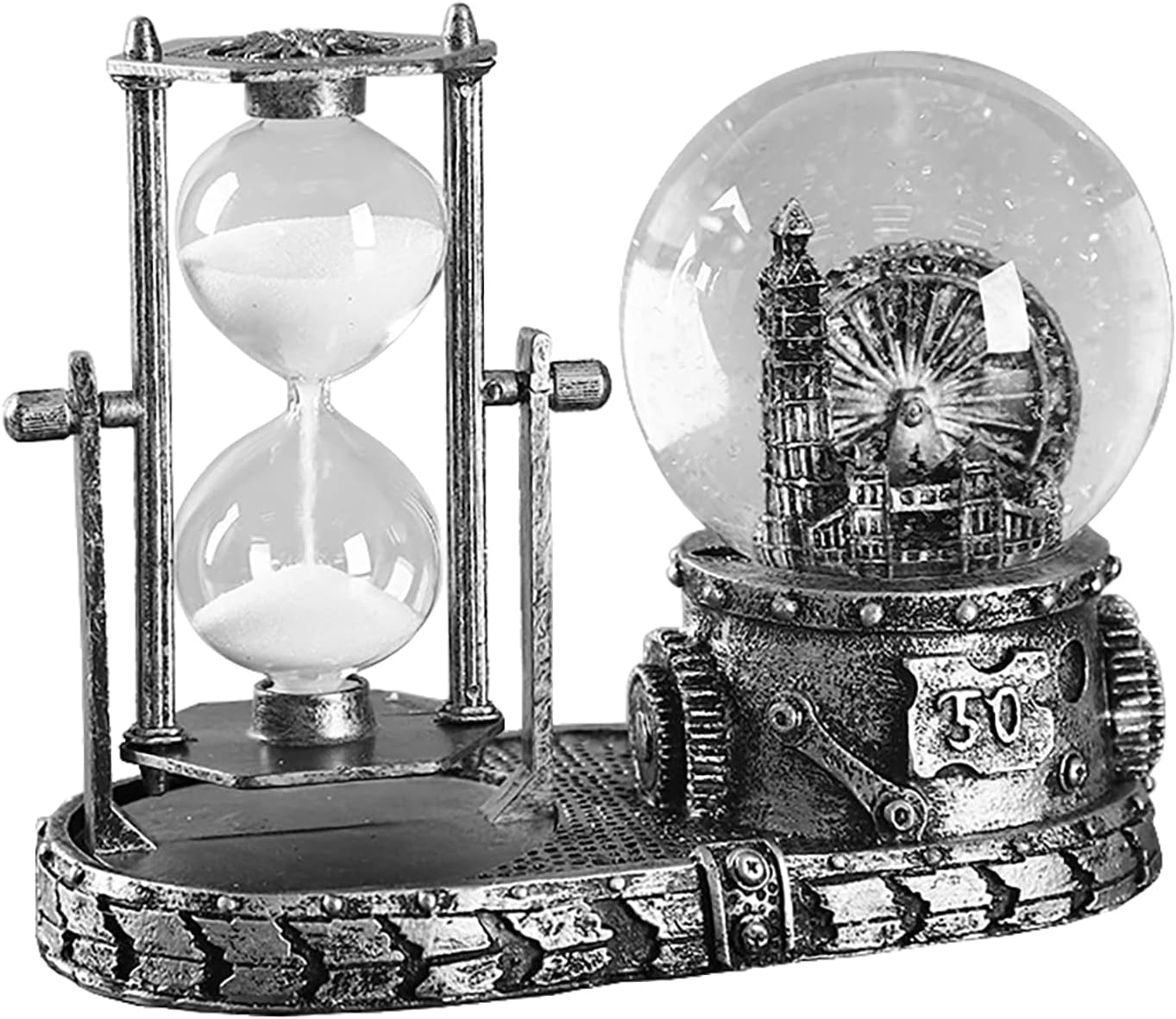LED Music Crystal Snow Globe with Hourglass Timer Home Decoration for Living Room Bedroom Book Shelf TV Cabinet Desktop Decor Statue Figurine Table Centerpieces Ornaments (J - Silver)