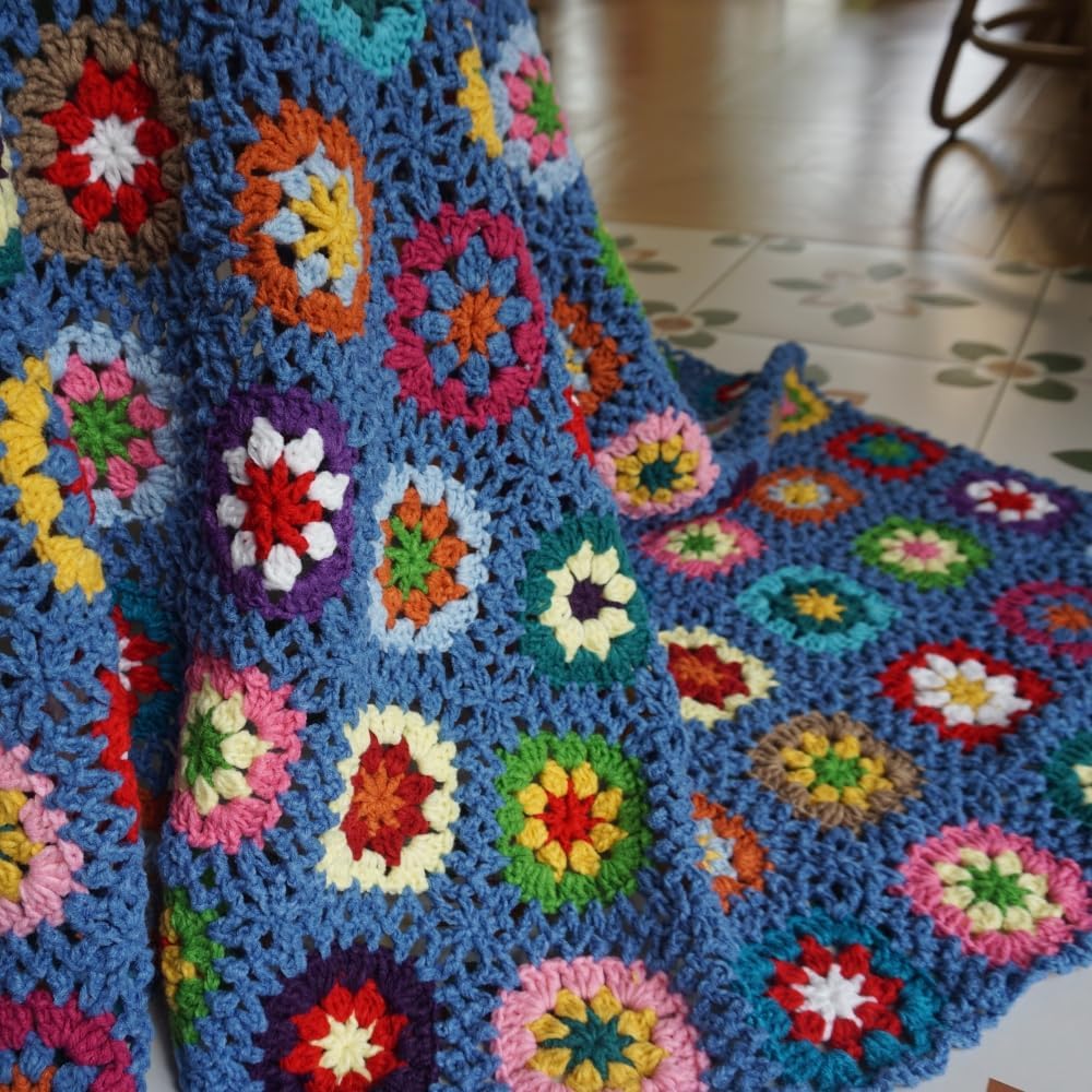 Handmade Granny Square Crochet Throw Blanket, Boho Patchwork Knitted Blanket for Couch Sofa Bed, Soft Decorative Afghan Blanket, Vintage Farmhouse Home Decor, Handmade Gift for Women59”x39”