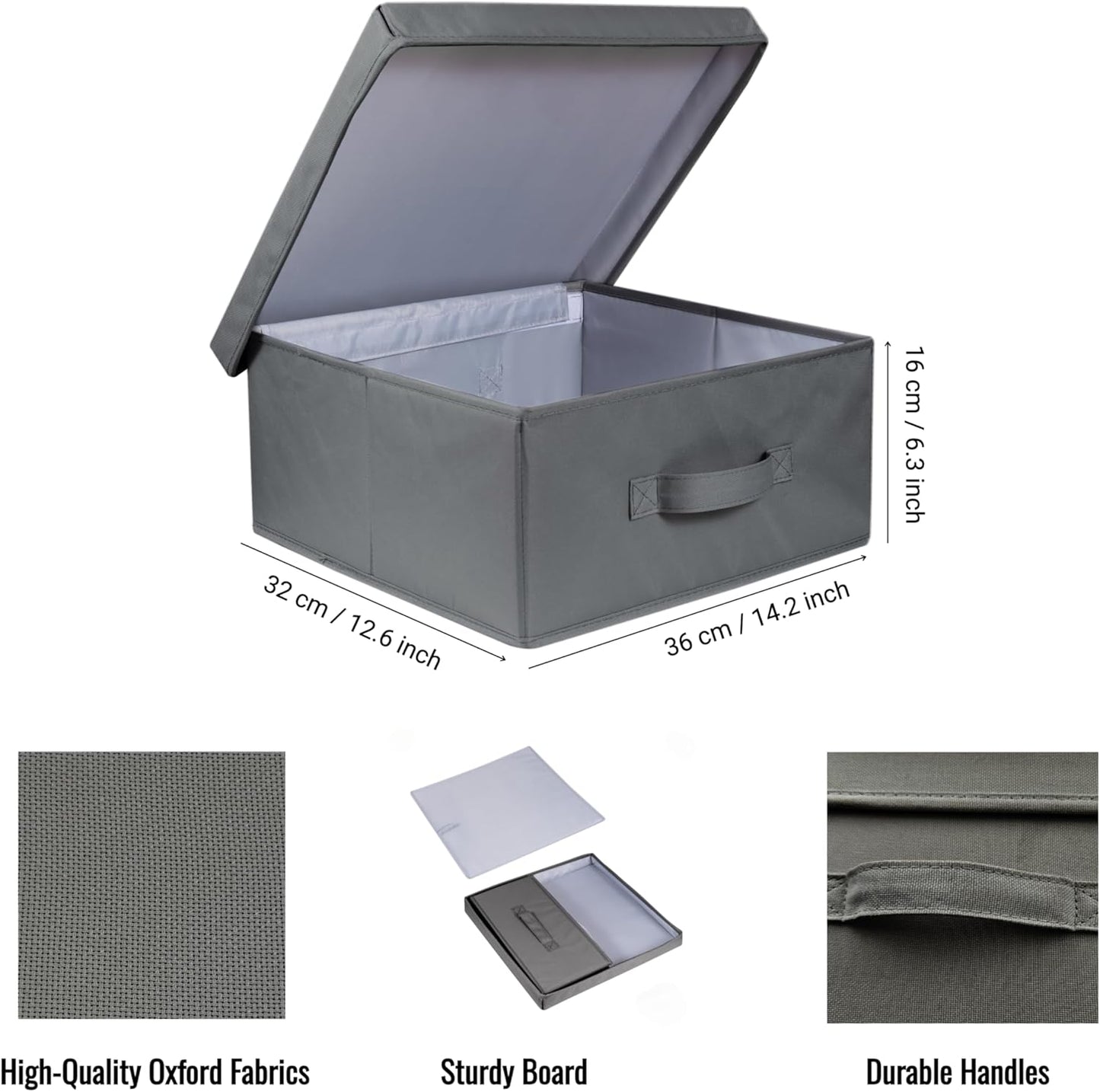 Set of 3 Stackable Storage Bins - Fabric Storage Bins with Lid for DVD Storage, Memory Box, Versatile Closet Storage Bins (Dark Grey, 14.2" L x 12.6" W x 6.3" H)