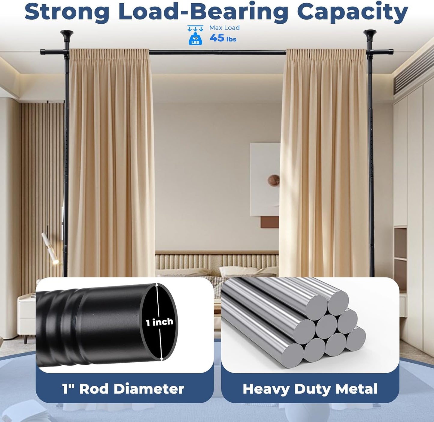 Drill-Free Room Divider Curtain Rod - Adjustable 4-10ft (H) 28-114inch(W) Inch No Damage Tension Pole, Heavy Duty 1" Rustproof Metal Curtain Rods for Privacy & Home Office, Black