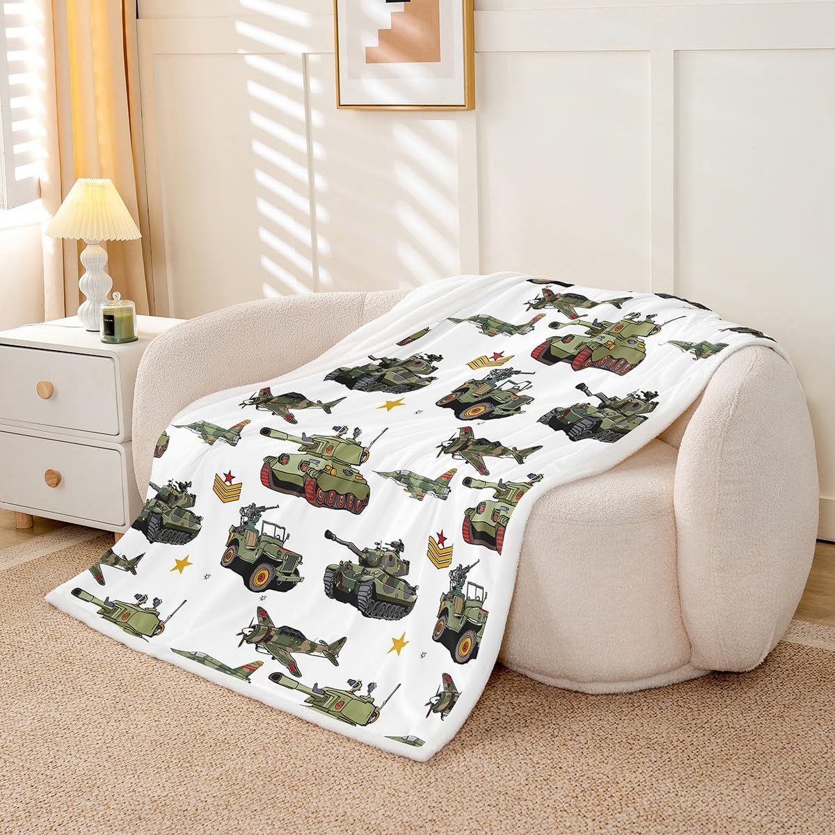 Manfei War Theme Throw Blanket Aircraft Tanks Bed Blanket for Kids Boy Room Decor, Retro Army Green Airplane Tanks Blanket for Couch Sofa, Soft and Breathable Fleece Blanket(60 x 80 Inches)