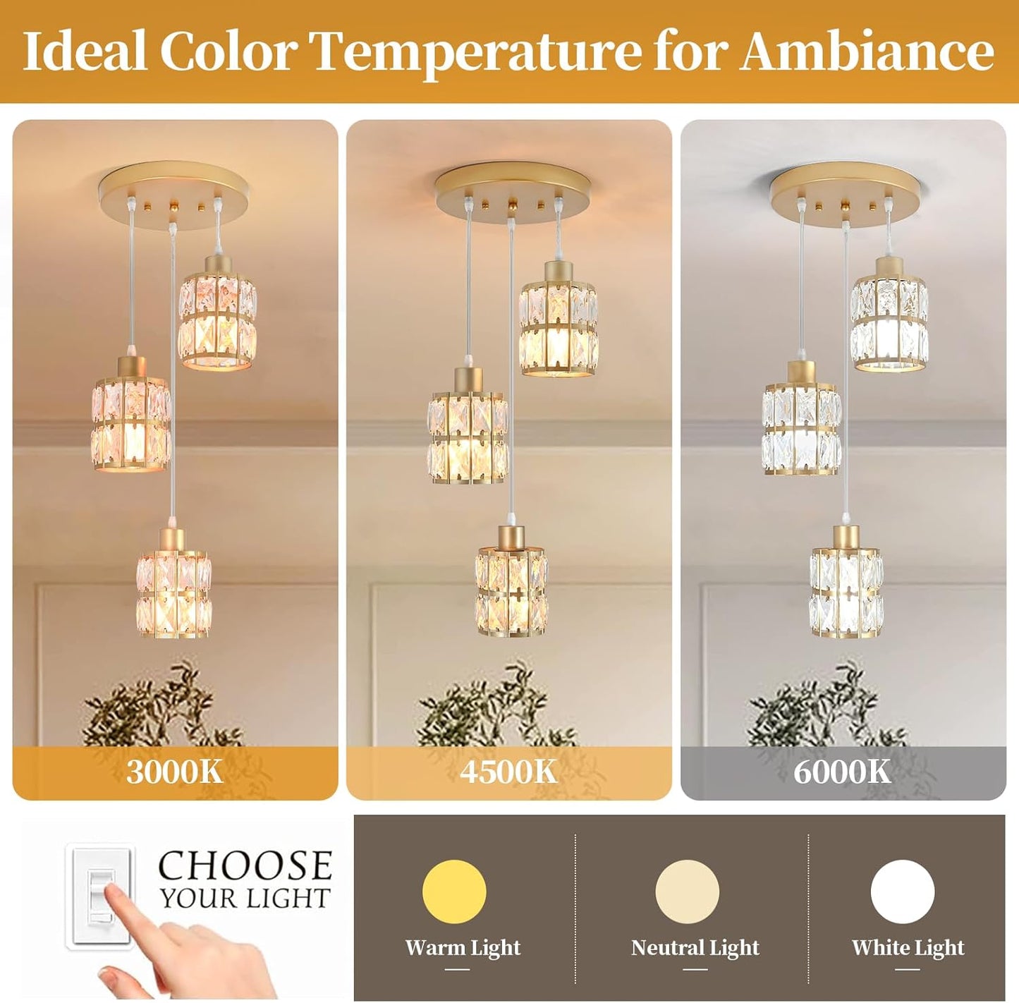 Modern Gold Crystal Pendant Light Fixture - 3-Light Adjustable Hanging Lamp for Kitchen Island, Dining Room, Living Room & Bedroom | Dimmable, Quick Install Farmhouse & Industrial Pendant Lighting