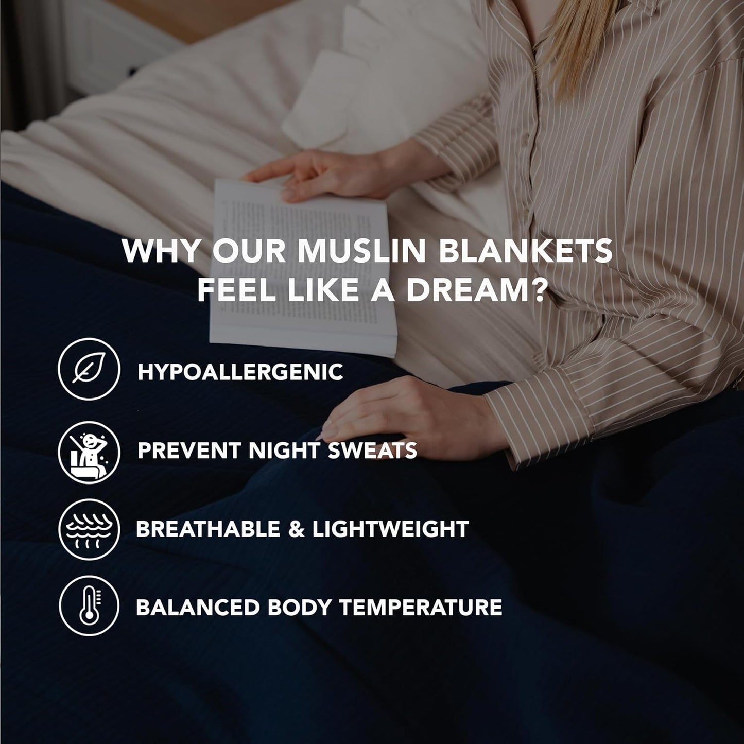 Goqan Throw Blanket 55x60 – 100% Turkish Cotton 4 Layer Boho Muslin Blanket for Adults, Four Season Blanket Lightweight and Thin, Soft, Breathable for Bed, Couch, Picnic - Navy