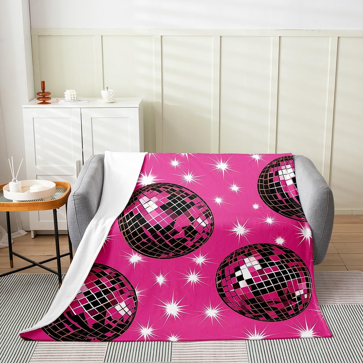 Feelyou Disco Ball Fuzzy Blanket Throw 50"x60" 70s Party Flannel Fleece Throw Blanket for Sofa Couch Kids Boys Girls Colorful and Funky All Season Bed Blanket Pink Plush Blanket