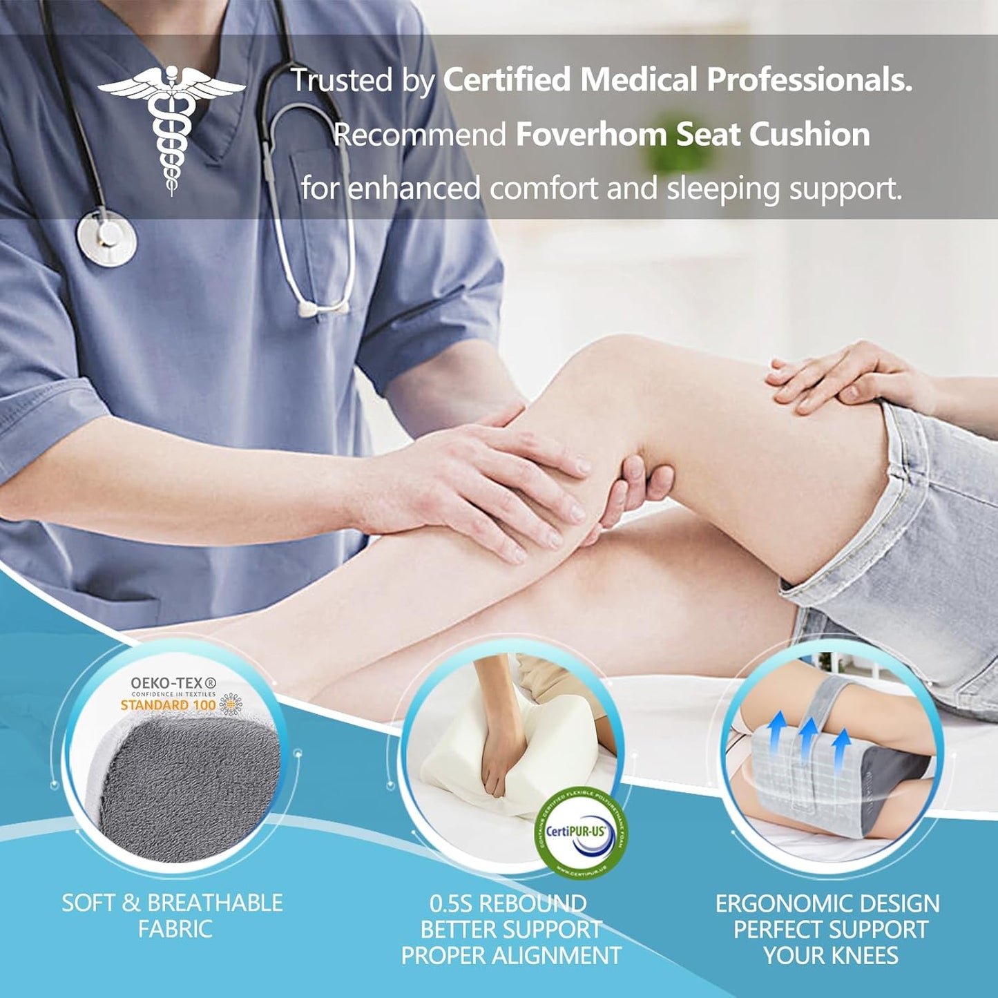 foverhom Memory Foam Knee Pillow,Orthopedic Leg Pillow for Sciatica Relief,Back Pain, Pregnancy, Leg Pain, Hip Pain and Sciatica Relie,Blue