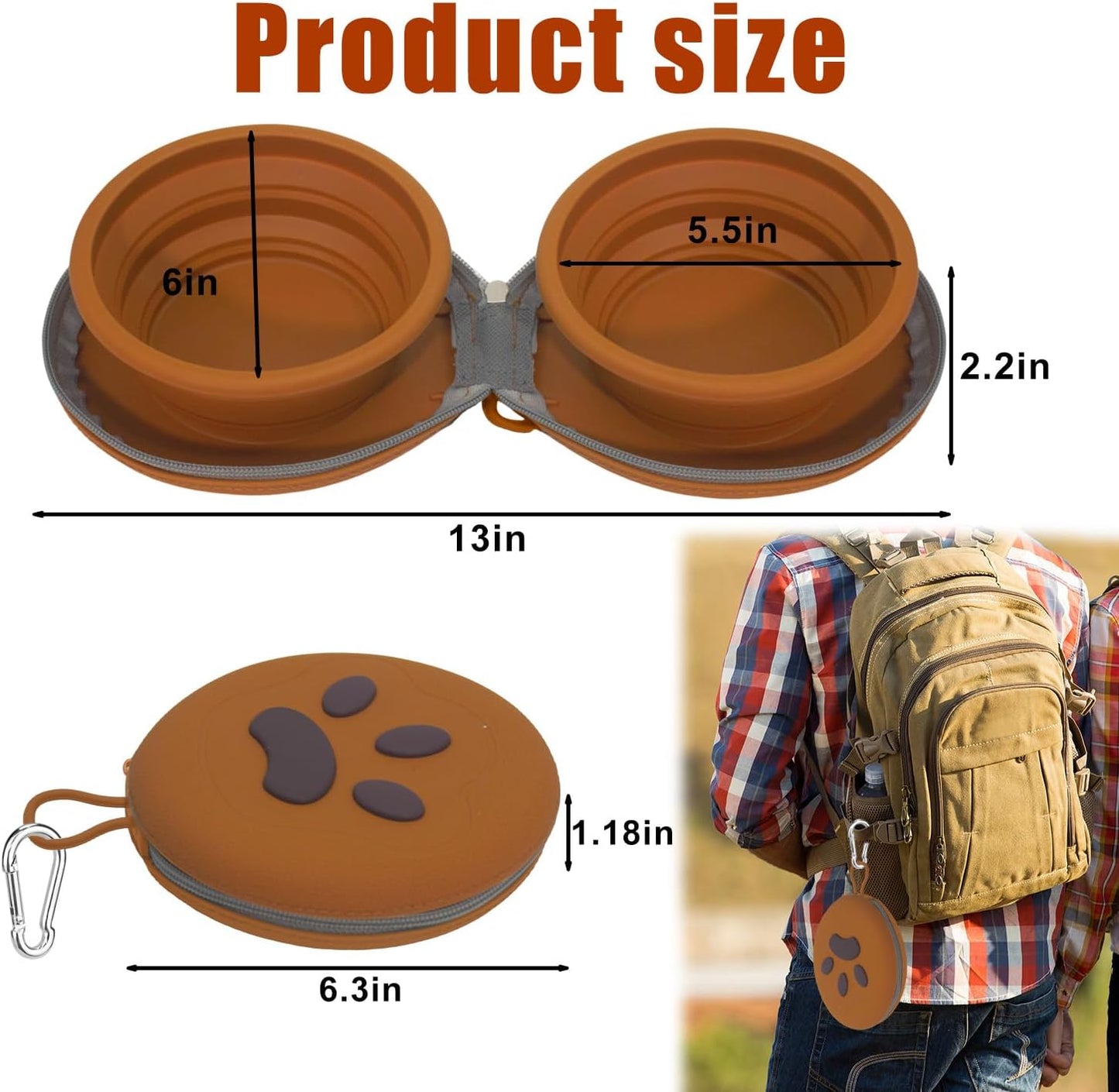 Collapsible Dog Bowls, 2-in-1 Silicone Pet Food and Water Bowl with Carabiner, Portable Double Compartment Dish for Travel, Camping, Hiking Puppy Essentials (Brown)