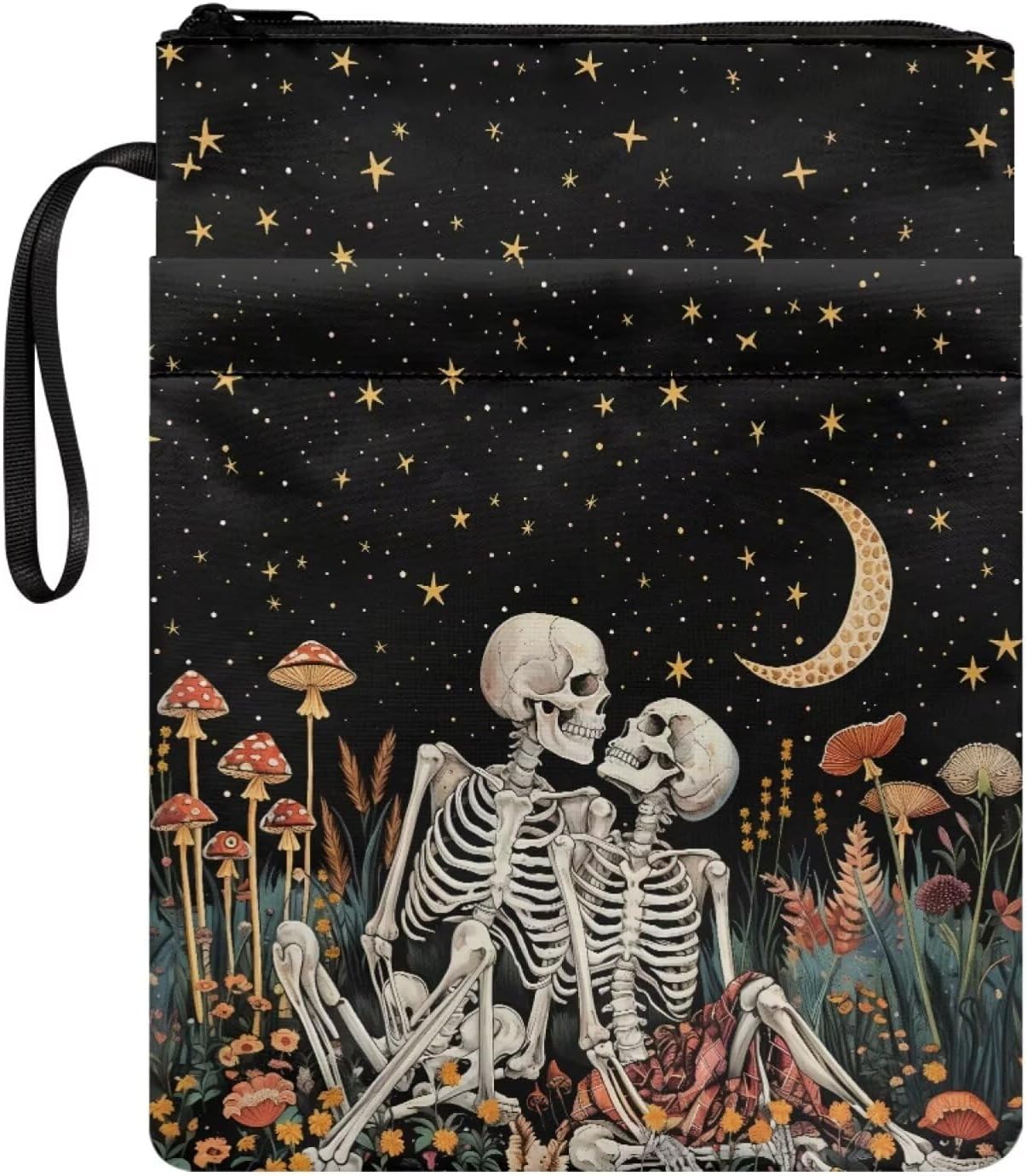 chaqlin Book Protector Sleeve for Book Lovers Gifts Skeleton Moon Night Washable Paperback Bookcover Pouch with Zipper and Front Pocket for Women Bookish Bookworm Library Reading Club