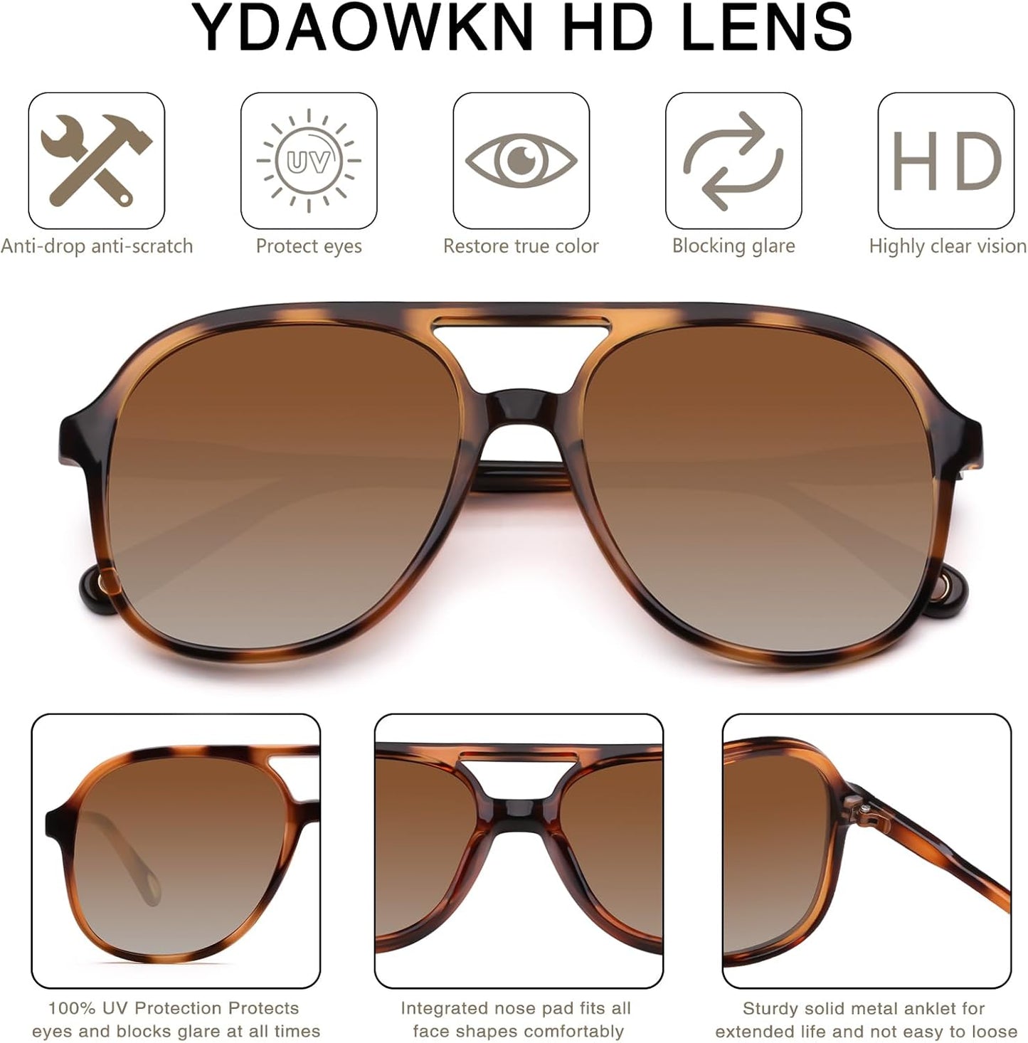 YDAOWKN Retro Square Aviator Sunglasses for Womens Mens Vintage 70s Double Bridge Sun Glasses
