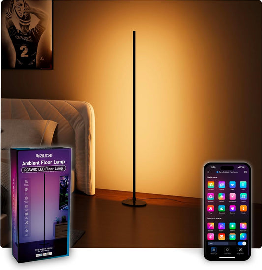 Aura Labs RGBICW Floor Lamp, Ambient Light LED Corner Light Alexa Control with Music Sync 1000 Lumen 4-Billion Colors, 90+ CRI, Preset & Custom Colors & Scenes, Modern Floor Lamps for Living Room