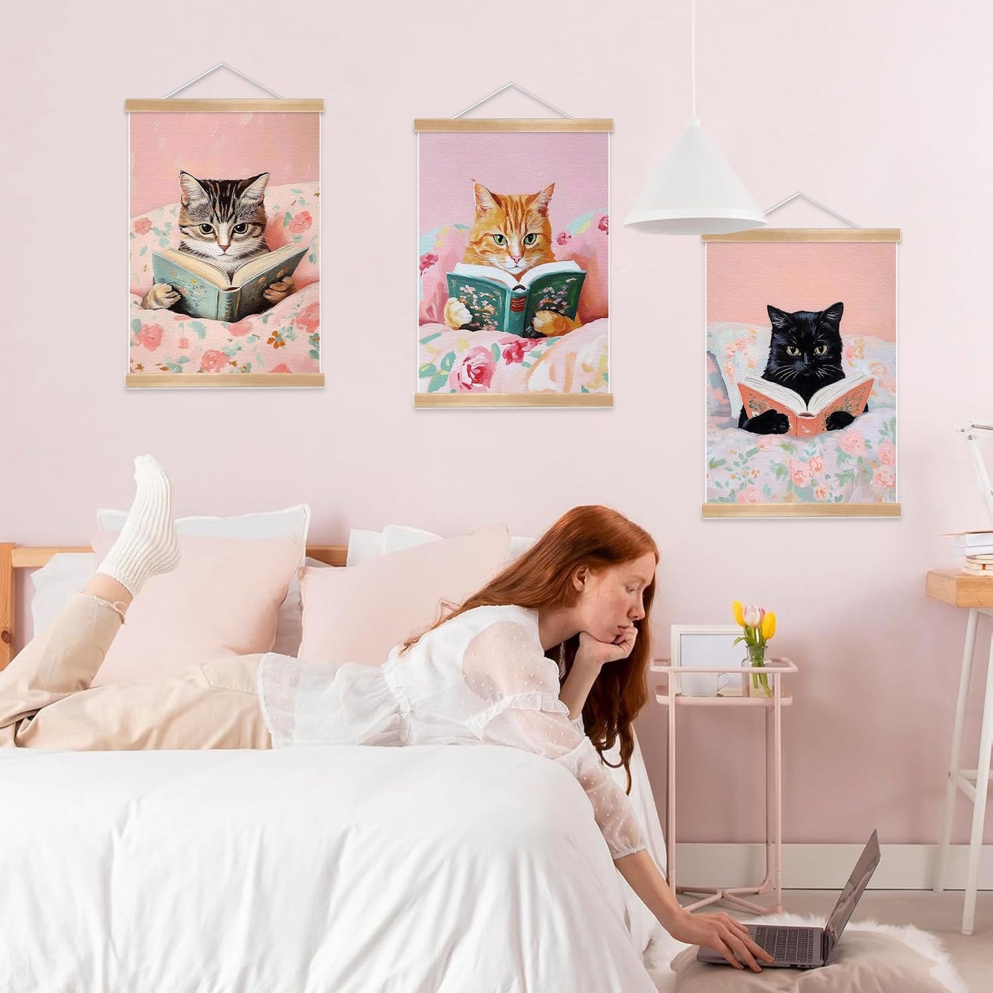 Funny Cat Canvas Wall Art Set of 3, Pink Cute Cat Lovers Wall Decor Paintings,Vintage Cats Posters Prints Pictures For Nursery Girls Room Bedroom Kids Room Girls Study Room 12x16 Inch Framed