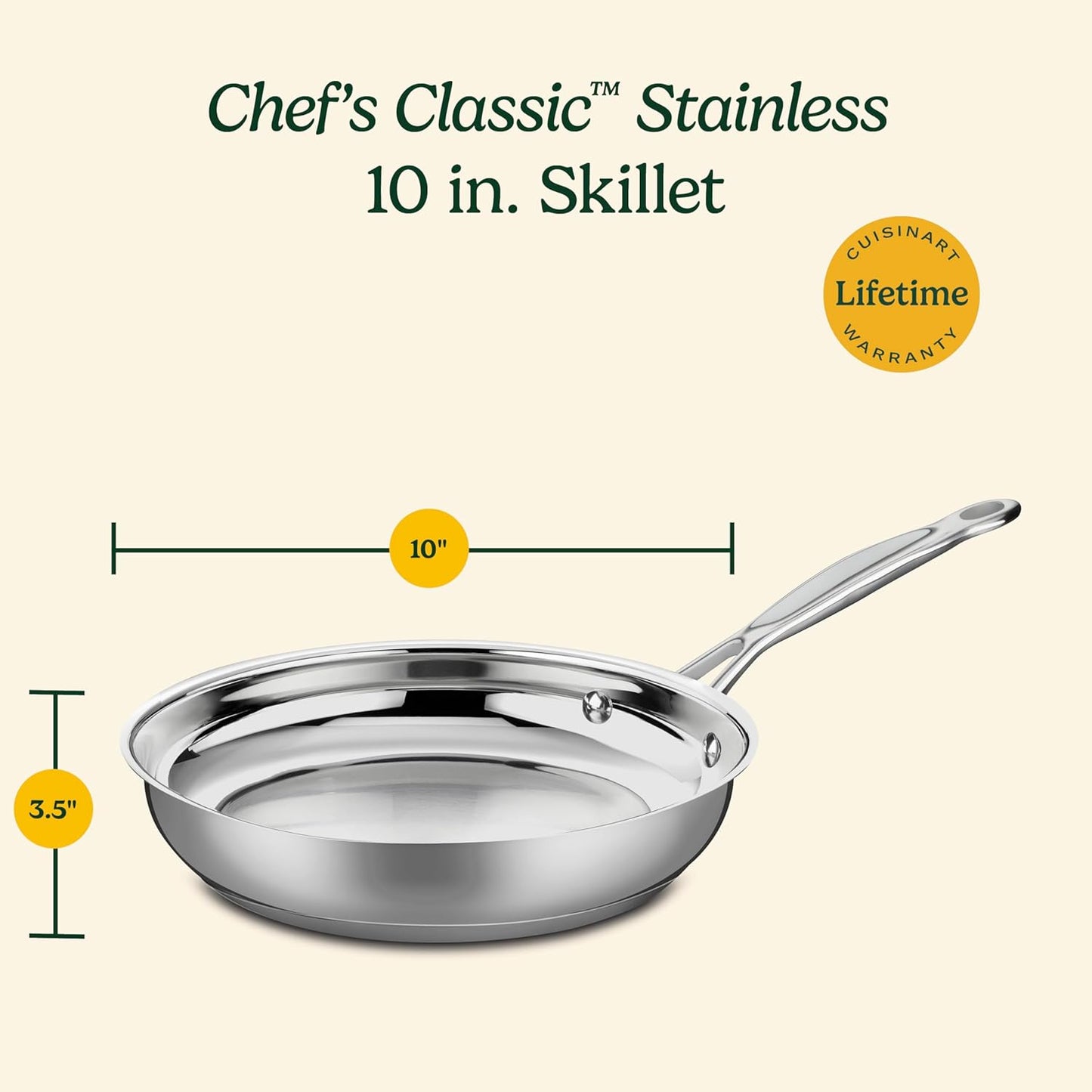 Cuisinart 10-Inch Open Skillet, Stainless Steel Skillet with Lid, Large Kitchen Pan, Dishwasher Safe, Compatible with Induction, Electric, Gas Cooktops, Oven Safe Saucepan, Cool Grip Handles