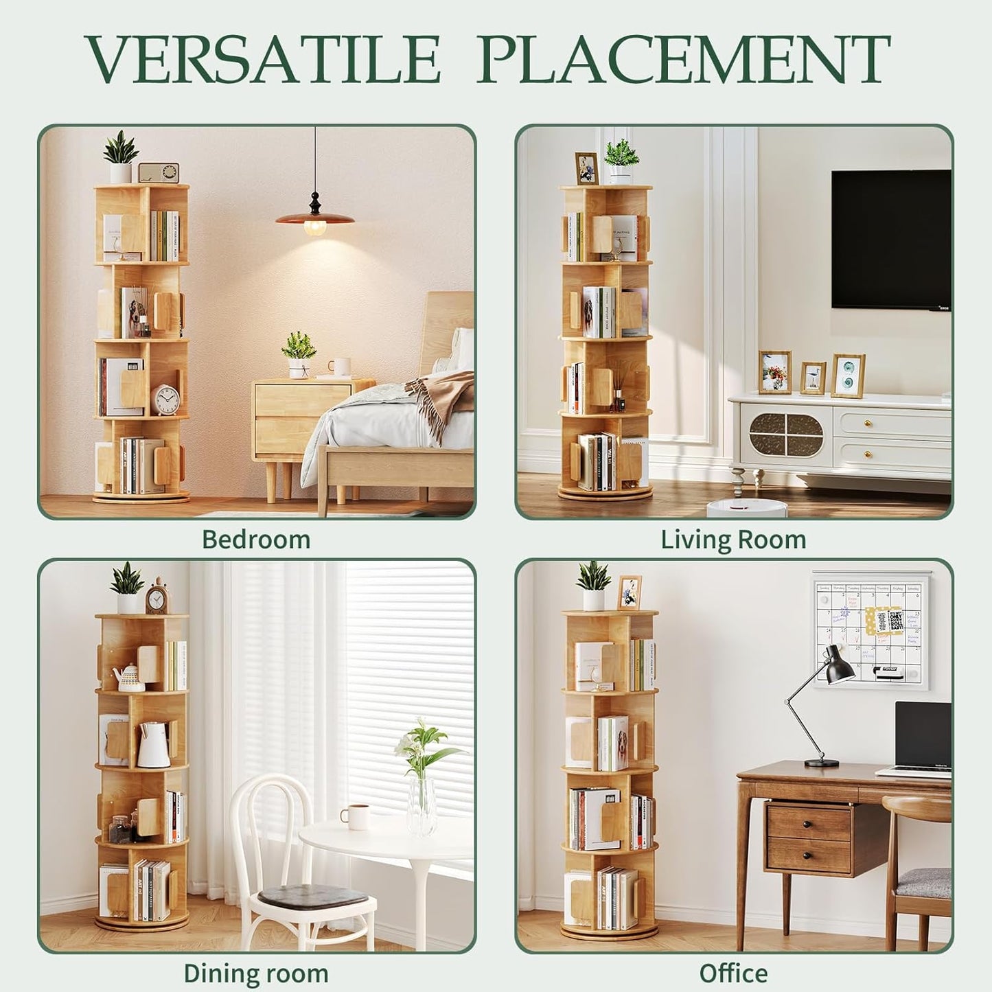 Wooden Rotating Natural Bookshelf Tower - 4 Tier 51“ H Tall 360° Spinning Revolving Bookshelf for Small Spaces, Solid Wood Round Narrow Modern Bookcase Tower for Home Office & Bedroom & Kids Rooms