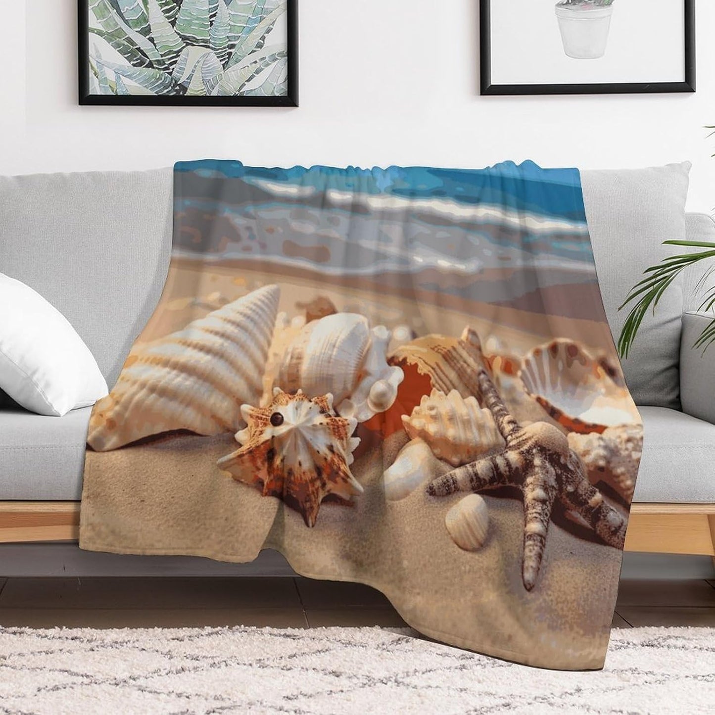 Seashells on The Sandy Beach Blanket Super Soft Lightweight Throw Blanket Cute Cozy Warm Bed Blanket Decorative Fuzzy Blanket All-Season Home Decor Gift for Sofa Couch Living Room 60"*80"（150*200cm）