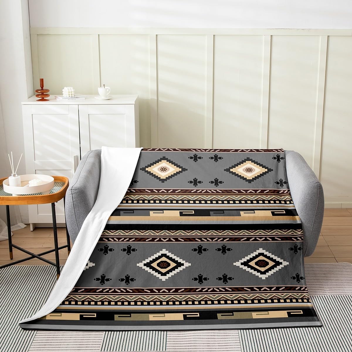 Feelyou Southwestern Fuzzy Blanket Twin 60"x80" Geometric Flannel Fleece Throw Blanket for Kids Tribal All Season Bed Blanket Teens Decor Native American Design Yellow Grey Plush Blanket