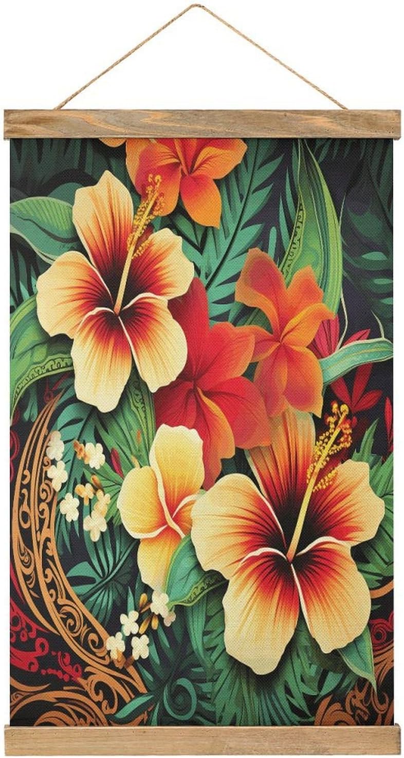 Vintage Hawaiian Style Print Pattern Poster with Wooden Frame Personalized Linen Hanging Scroll Painting Rustic Wall Hanging Illustrative Modern Artwork Decor for Home Living Room Bedroom Office
