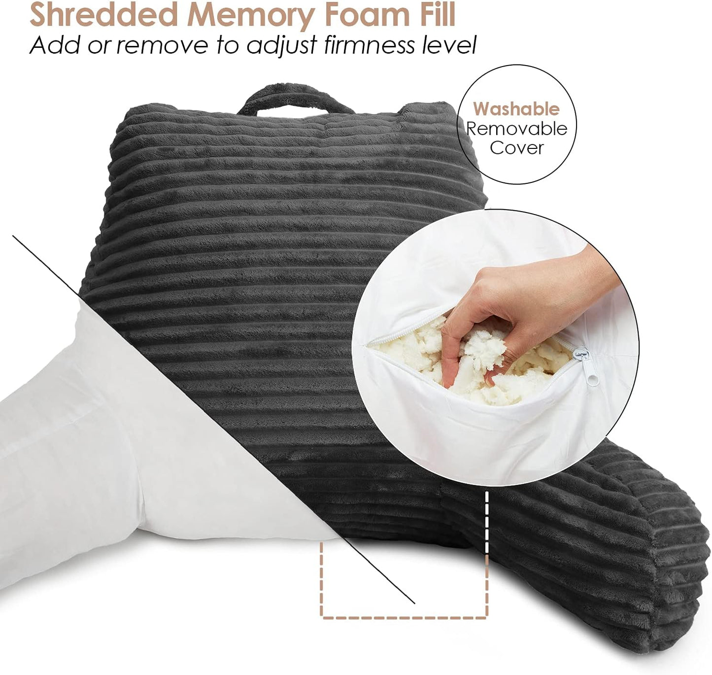 Clara Clark Reading Pillow for Kids – Back Pillow for Sitting in Bed, Plush Bed Pillows for Sitting Up in Bed, Grey Kids Reading Pillow, Shredded Foam Bed Chair Pillow with Arms and Pockets