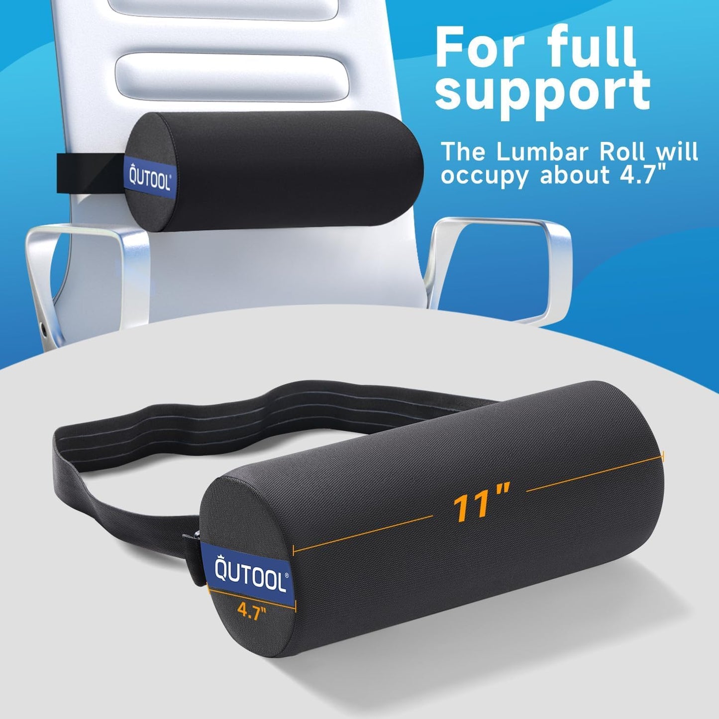 QUTOOL Lumbar Roll, Lumbar Support Pillow for Office Chair with Non-Slip Wider Strap, Back Pain Relief & Posture Improvement, Washable Cover, Office Desk & Car Accessories, Black, Firm