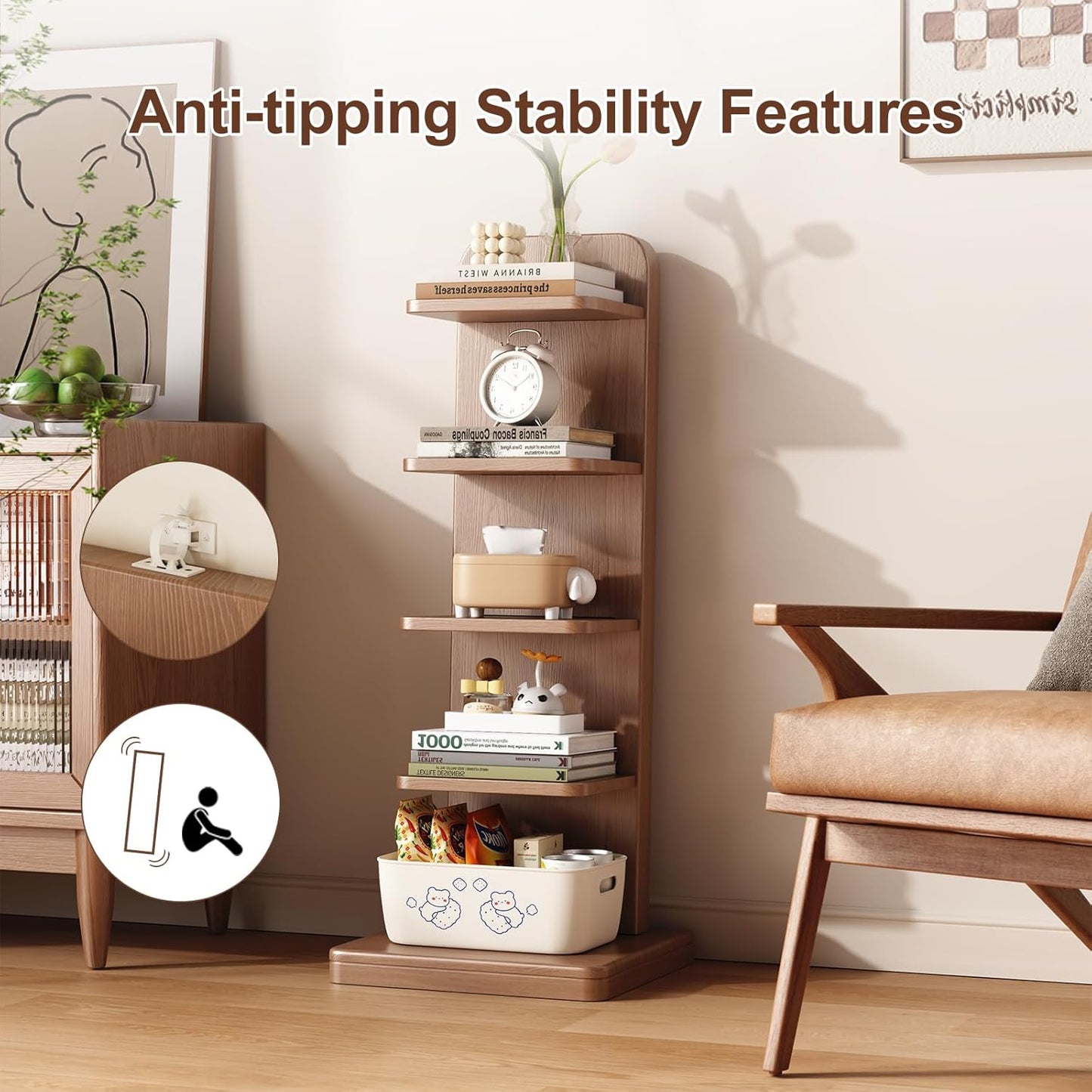 WoodsWhisper Narrow Bookshelf Ladder Bookshelf 5 Shelf Bookcase, Mid Century Modern Bookcase with Freestanding Display Shelves,Anti-tip Device and Thickened Base for Small Space,Living Room, Office