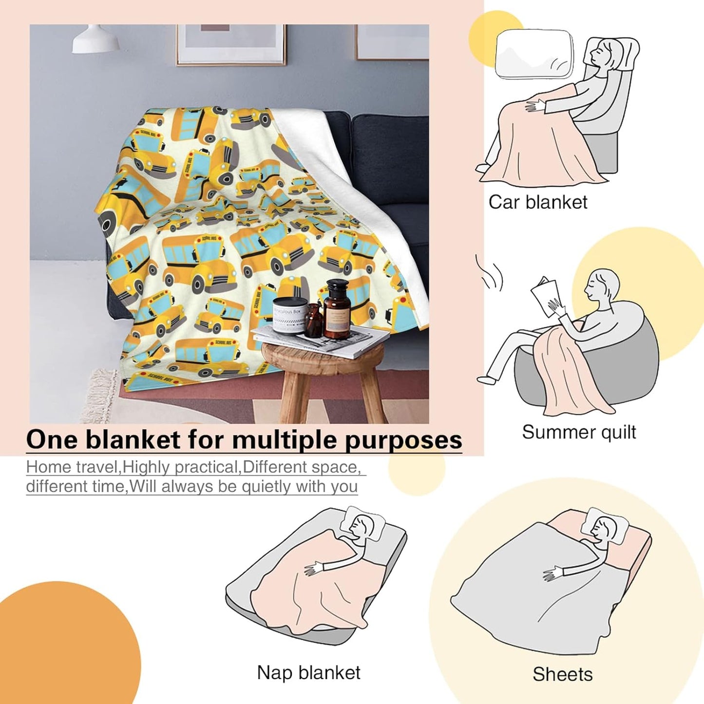 School Bus Soft Flannel Fleece Throw Blanket, Vehicle Illustrations Background Pattern for Kids, Cozy Plush for Indoor and Outdoor Use Lightweight Blanket 60"x80"