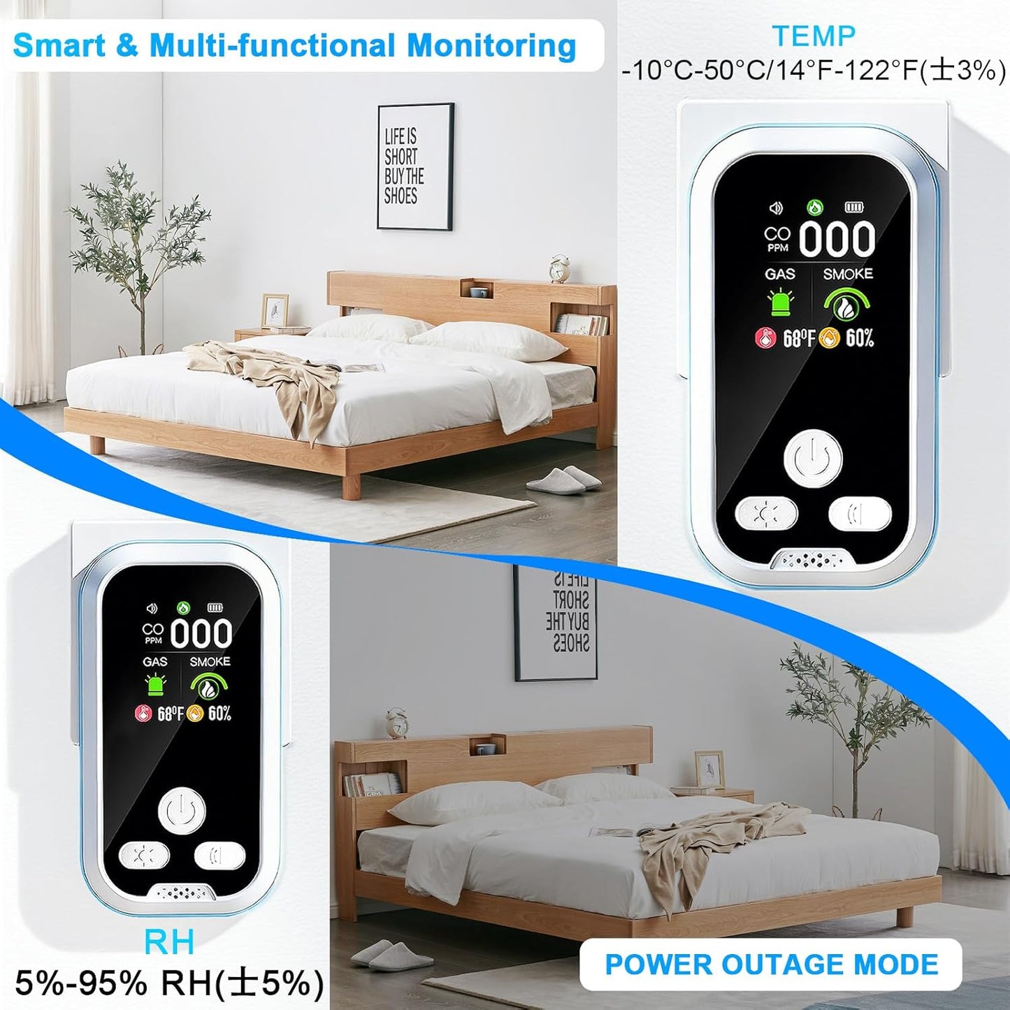 6 in1 Carbon Monoxide Detector Combo with HD Screen Monoxide Alarm, Detects CO, Natural Gas, Smoke, Temperature, and Humidity for Home, Apartment, Hotel, Camping RV Safety Gifts Idea