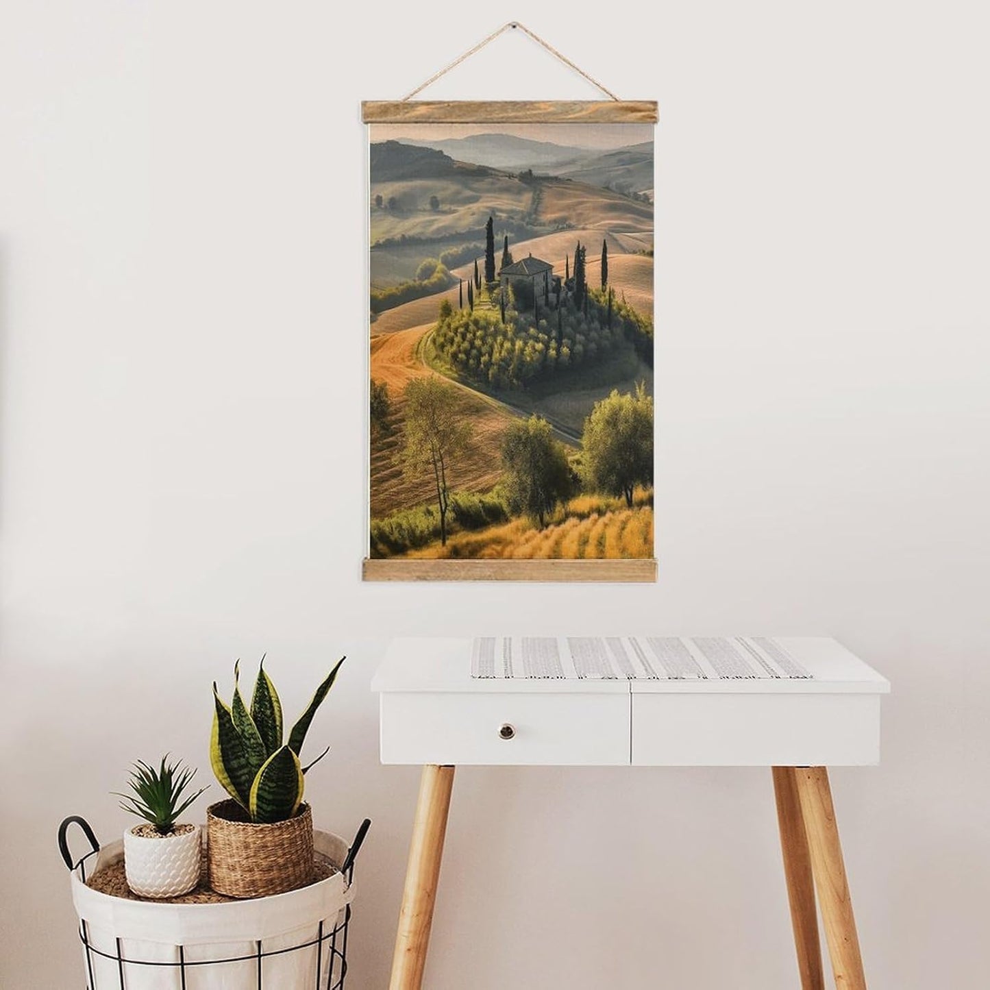 Vintage Tuscany Landscape Tree Scenery Farm Poster with Wooden Frame Personalized Linen Hanging Scroll Painting Rustic Wall Hanging Illustrative Modern Artwork Decor for Home Living Room Bedroom Offic