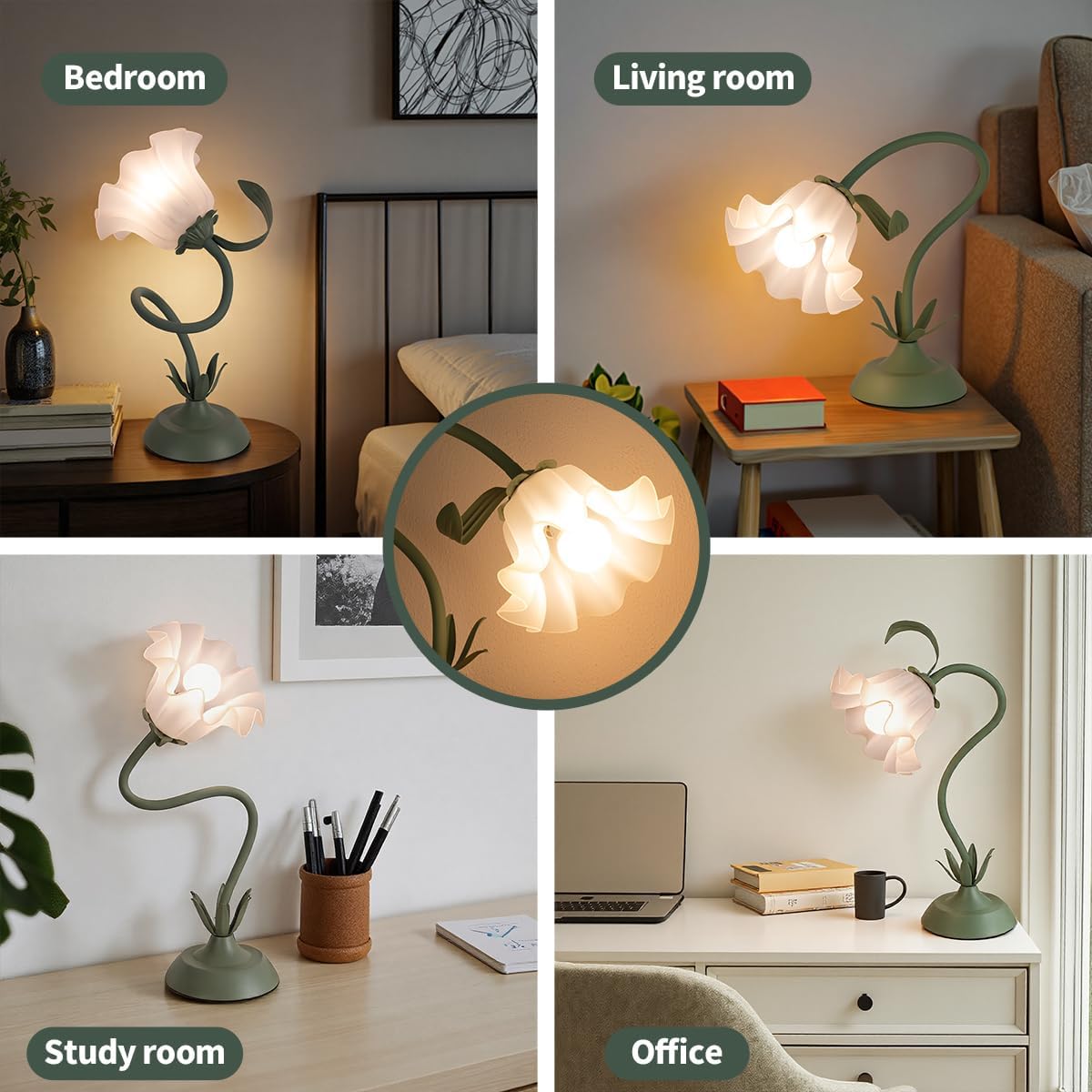 Flower Table Lamp for Bedroom, 3 Colors Flower Reading Light with E26 Bulb, Cute Lily Desk Lamp Bedside Lamps for Nightstands Home Decor, Adjustable Flexible DIY Floral Lamps for Living Room Office