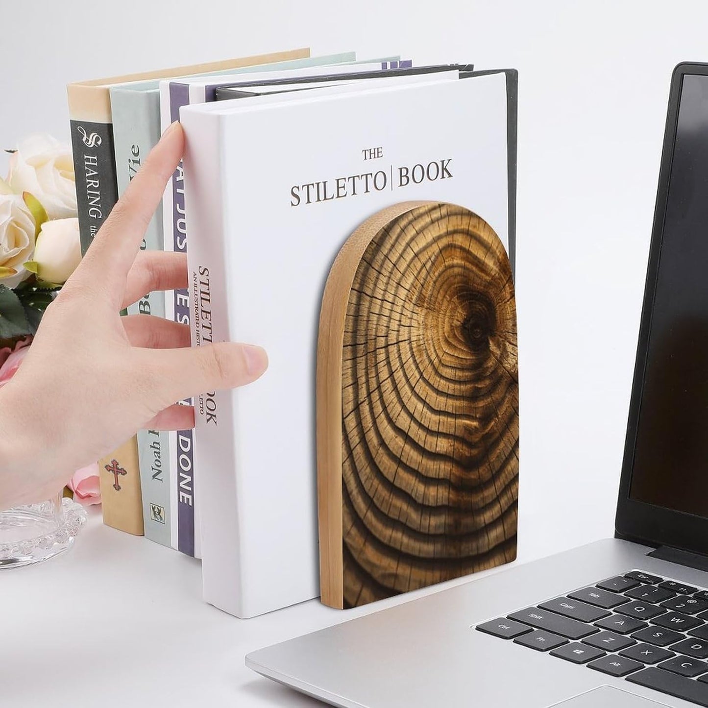 Tree Rings Wooden Bookend Non-Slip Book Ends Heavy Duty Book Stopper with Metal Base Books Holderd Decorative Bookends Stands Firmly for Office Supplies