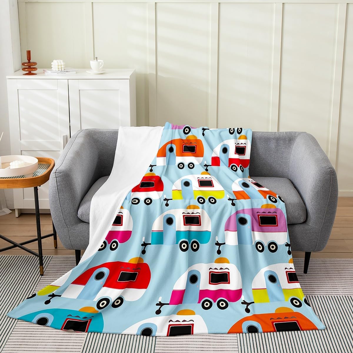 Erosebridal Camper Throw Blanket Throw Size, Happy Camping Fleece Blanket Room Decor, Cartoon Travelling Camping Blanket for Sofa Couch, Colorful Camping Fuzzy Blanket for Camp Lovers Campsite Hiking