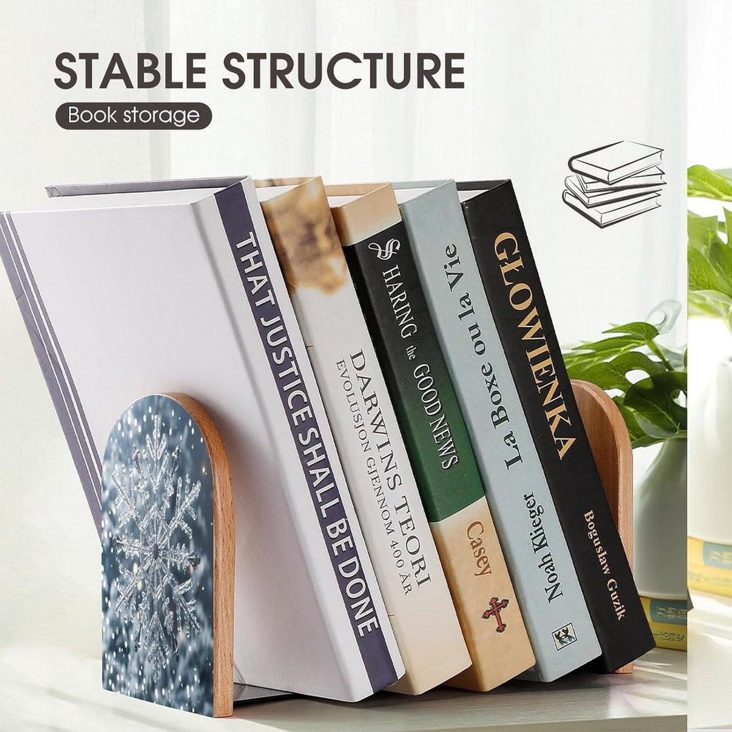 Transparent Snowflake Bookends 1 Pair Heavy Duty Book Ends for Shelves Non-Skid Bookend Supports Wooden Book Holders with Metal Base Desk Organizers Books Storage to Hold Books