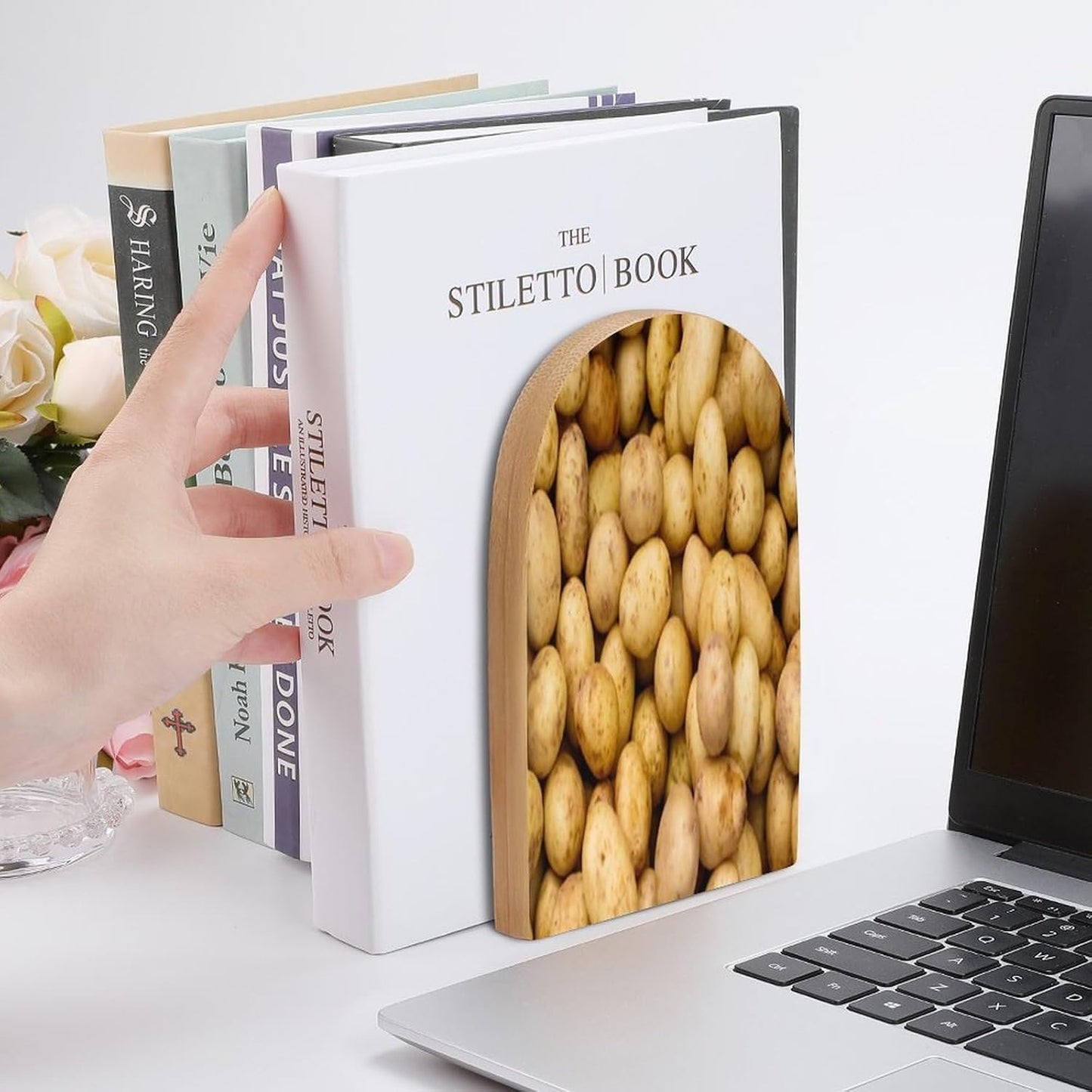 Garden Potatoes Wooden Bookend Non-Slip Book Ends Heavy Duty Book Stopper with Metal Base Books Holderd Decorative Bookends Stands Firmly for Office Supplies