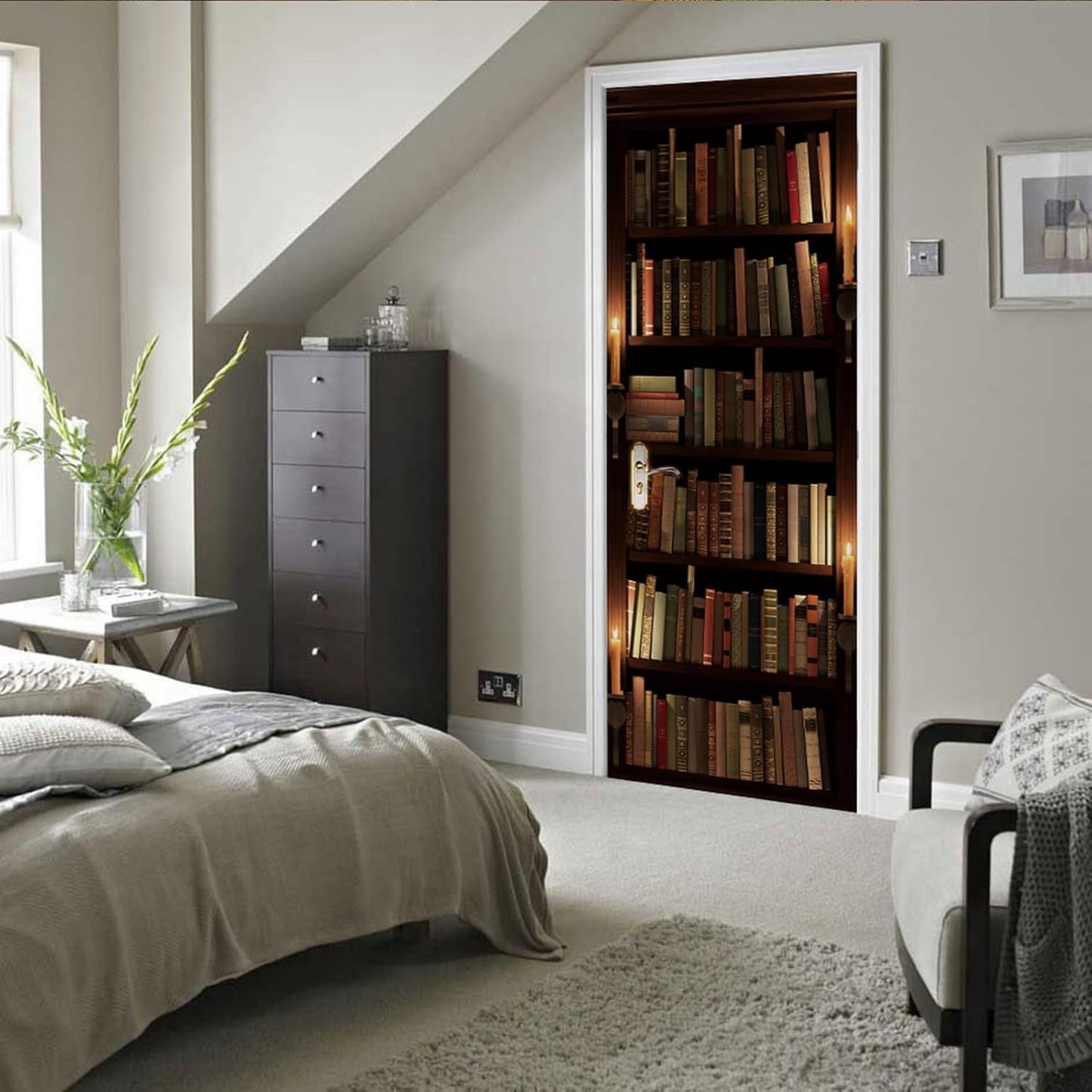 3D Door Stickers for Interior Doors Mysterious Old Library Bookshelf with Candle and Books Vinyl Waterproof Self Adhesive Door Mural Decals for Bedroom Office Bathroom 90 x 200cm