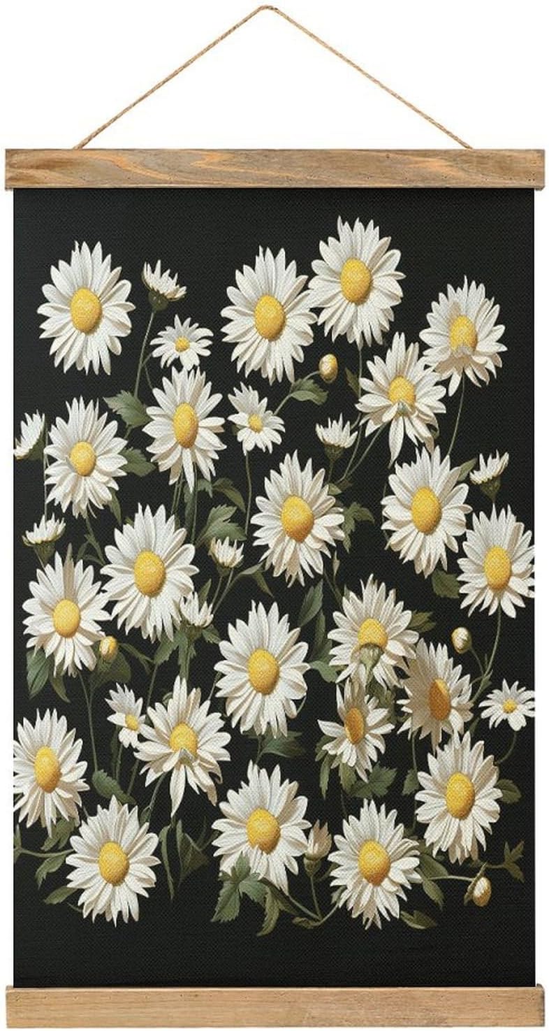 Vintage Daisy Poster with Wooden Frame Personalized Linen Hanging Scroll Painting Rustic Wall Hanging Illustrative Modern Artwork Decor for Home Living Room Bedroom Office