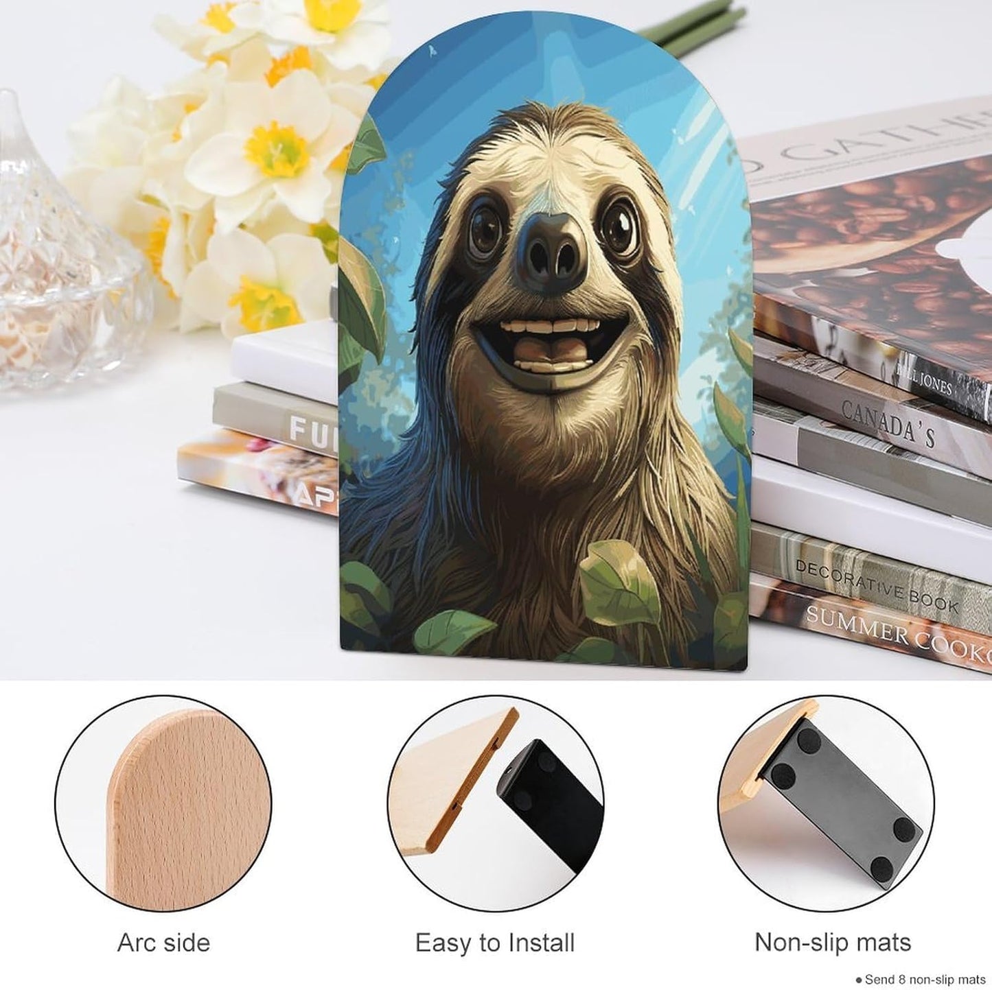 Cartoon Funny Sloth Bookend for Shelves Wooden Book End Large Size Sturdy Book Holders Stoppers with Metal Base for Bookshelves Slick Decorative Bookends Stands