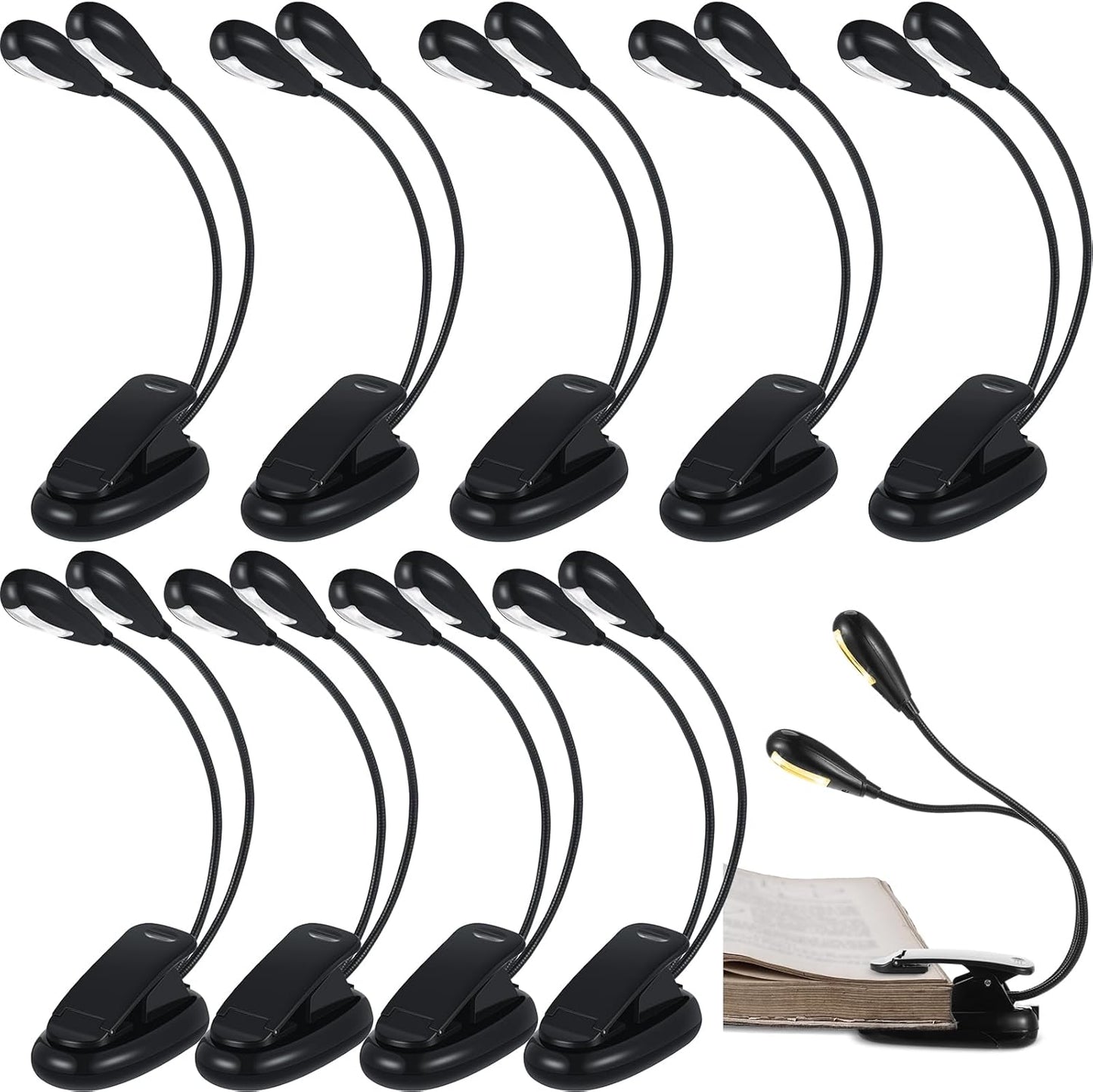 10 Pcs LED Book Light USB and AAA Battery Operated Music Stand Clip on Reading Light 4 Brightness Levels Dual Arm Clip Lamp for Eye Protection Bookworms Orchestra Readers Piano Player