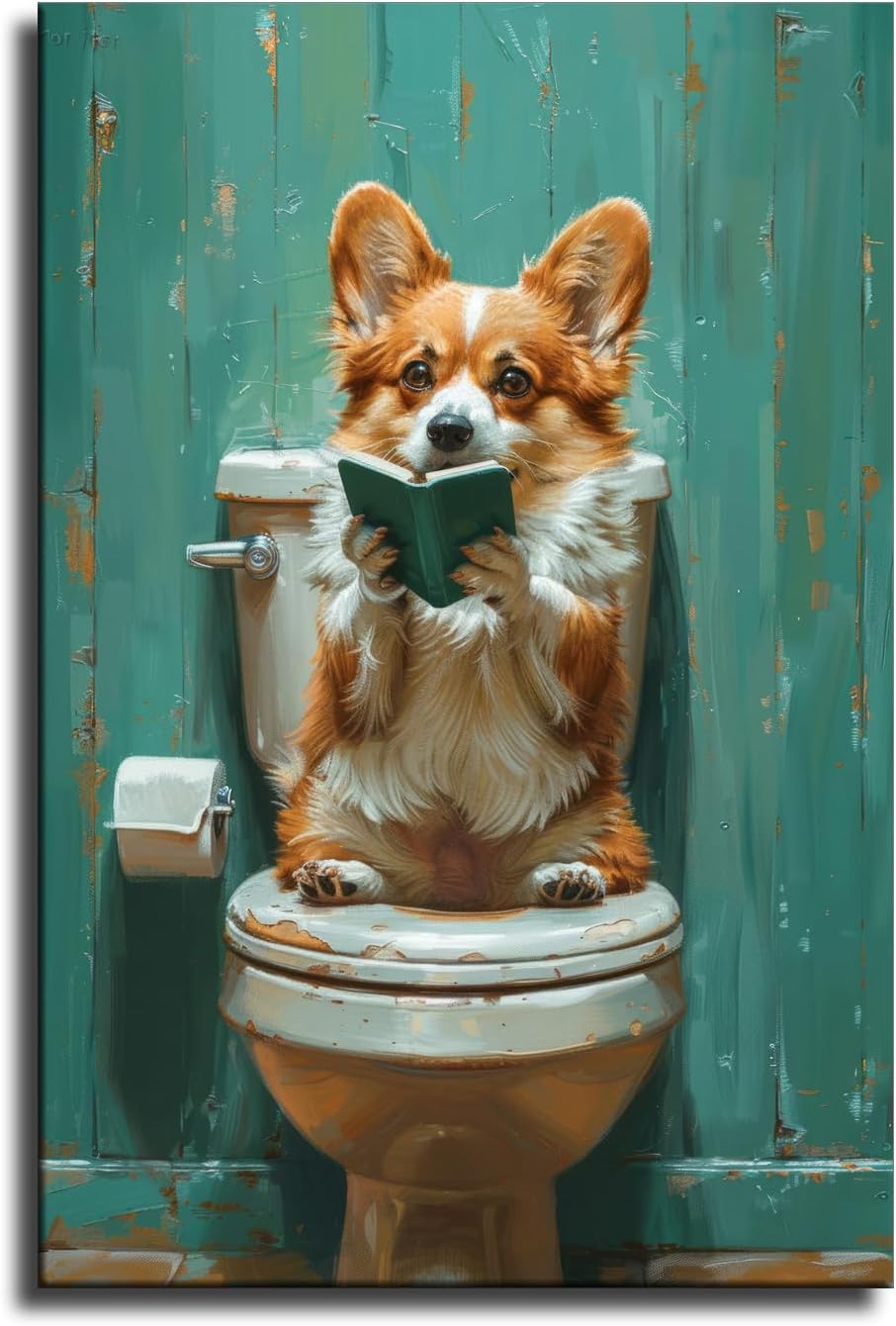 Generic Wall Art Bathroom Wall Art Funny Dog Re-reading Book Canvas Poster Living Room Wall Art Bedroom Wall Decor Printins (12x18inch-Framed), white