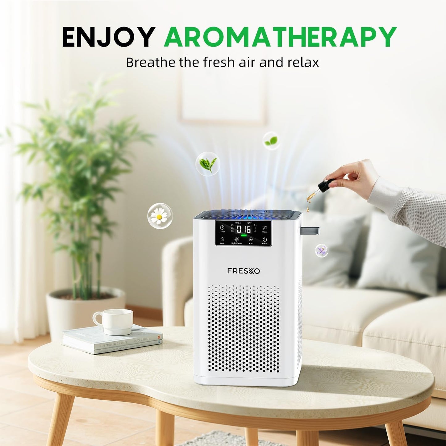 FRESKO Small Air Purifier for Home, HEPA Air Purifiers for Pet Hair, Odors, Quiet Air Cleaner with Aromatherapy for Bedroom & Office, Real-Time PM 2.5 Display, 22dB Sleep Mode, 360°Airflow, White