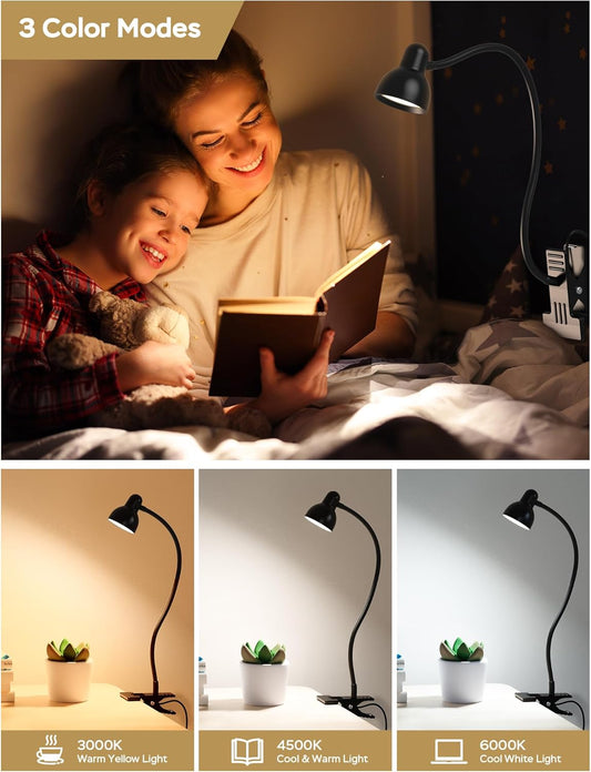 Clip-on Reading Light - 3 Color Modes, 10 Dimmable Brightness, Eye Care Clamp Desk Lamp with Flexible Gooseneck for Reading in Bed, Desk, Headboard, Computer