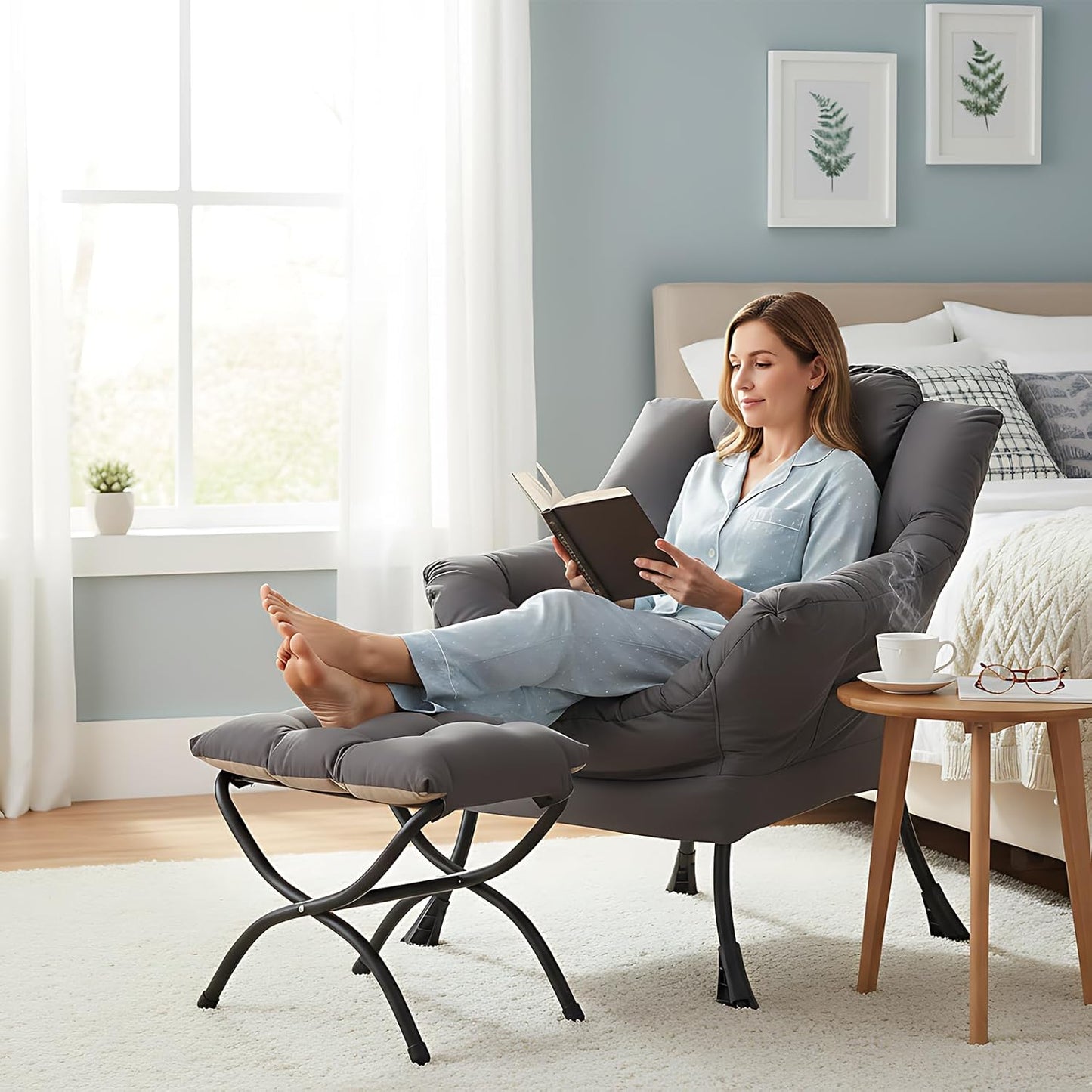 Lazy Chair with Ottoman, Modern Accent Lounge Armchair with Armrests and a Side Pocket & Foldable Footstool, Leisure Reading Chair for Living Room, Bedroom, Dorm & Office, Dark Grey