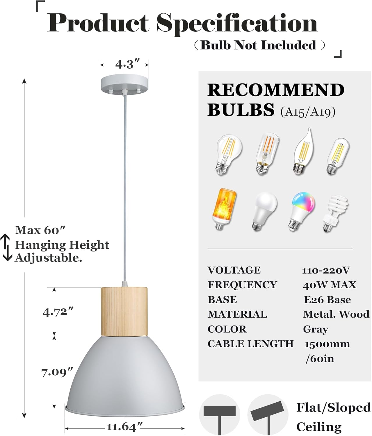 ELYONA Modern Pendant Light Fixtures, Wood Metal Hanging Lamp, Adjustable Height, 11.6" Nordic Island Pendant Lighting for Kitchen Sink, Bar, Office, Dining Room,Living Room, Bedroom, Soft Grey