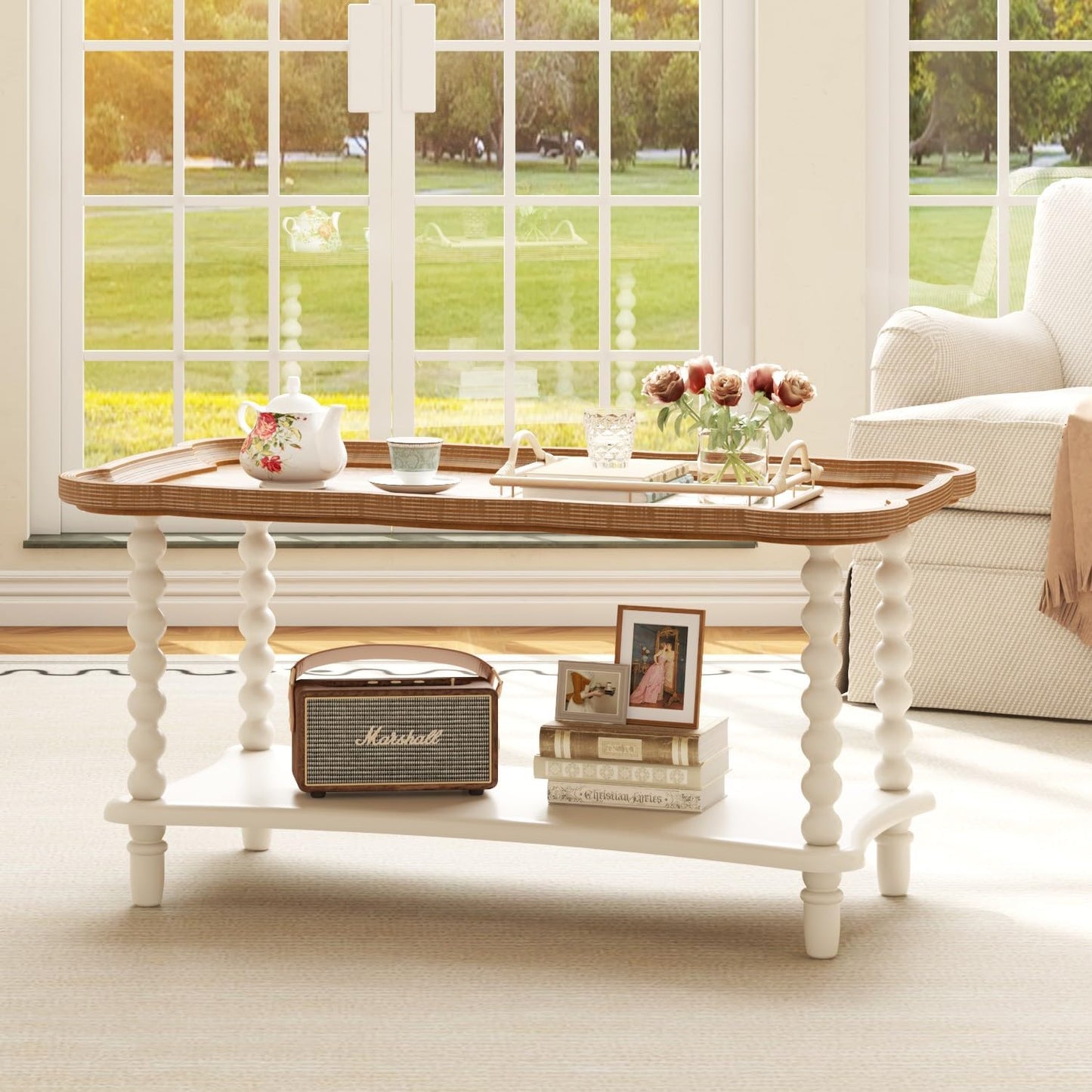 Function Home Farmhouse Coffee Table, Rustic White French Country Center Table with Storage Shelf, Wood Coffee Tables for Living Room Dining Room, Natural Tray Top and Vintage White Spindle Legs