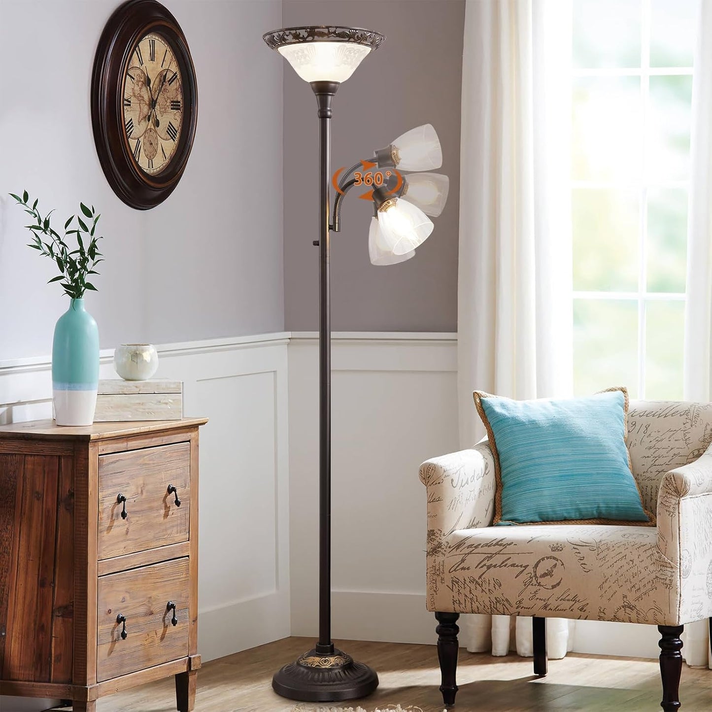 Floor Lamps for Living Room, 70" Floor Lamp Standing Torchiere Lamp with Etched Glass Shade, Metal Pole & Heavy Base, Vintage Tall Corner Lamp Decor for Bedroom, Living Room, Office. No Bulbs (2 Head)