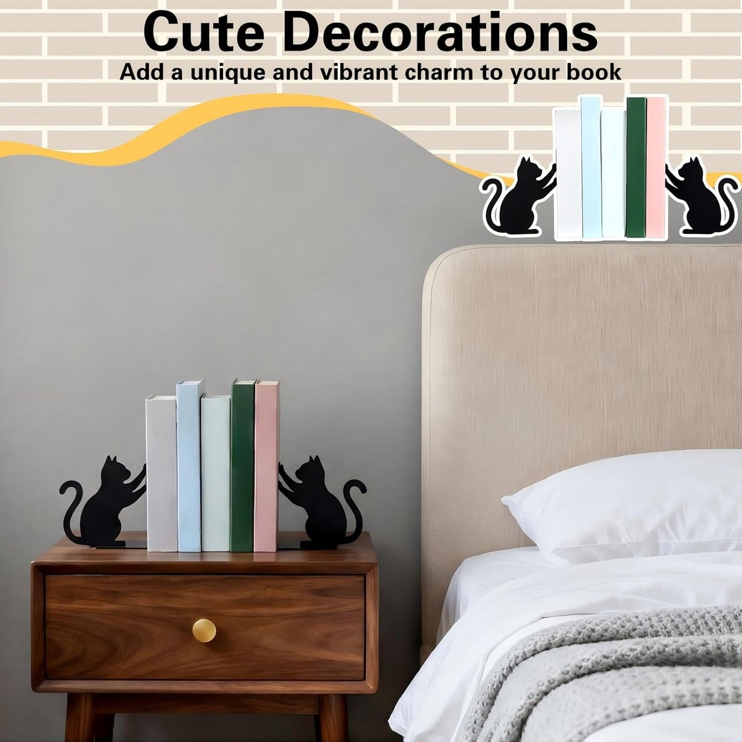 Hicarer Cat Metal Bookends Push Cat Bookends Cute Book Ends for Shelves Decorative Home Office Desk Bookshelf Gift for Reading Enthusiasts Family