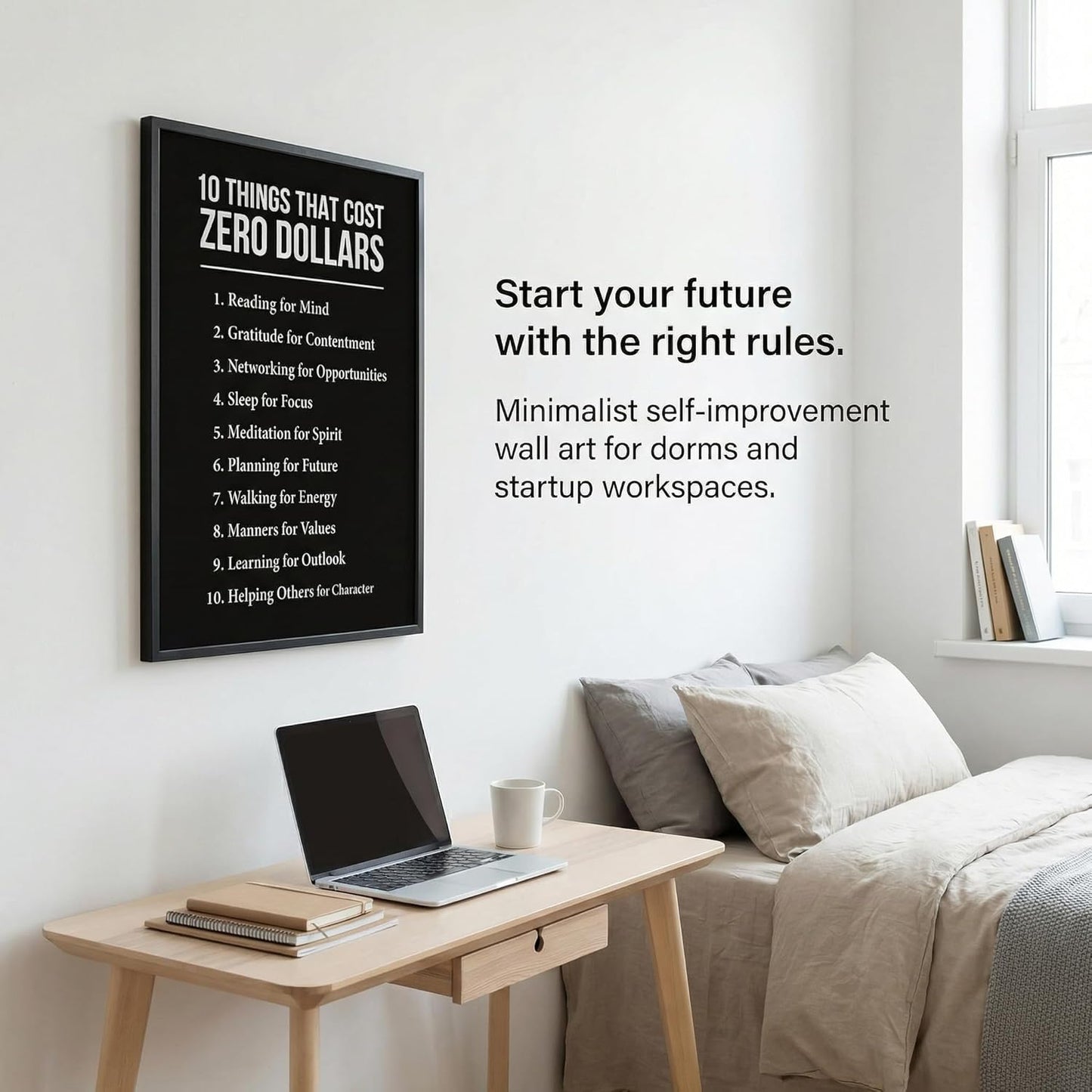 10 Things That Cost Zero Dollars Wall Art - Motivational Posters for Office, Classroom & Mental Health - Inspirational Self Care Checklist for Students, Entrepreneur & Team Building - 11x14