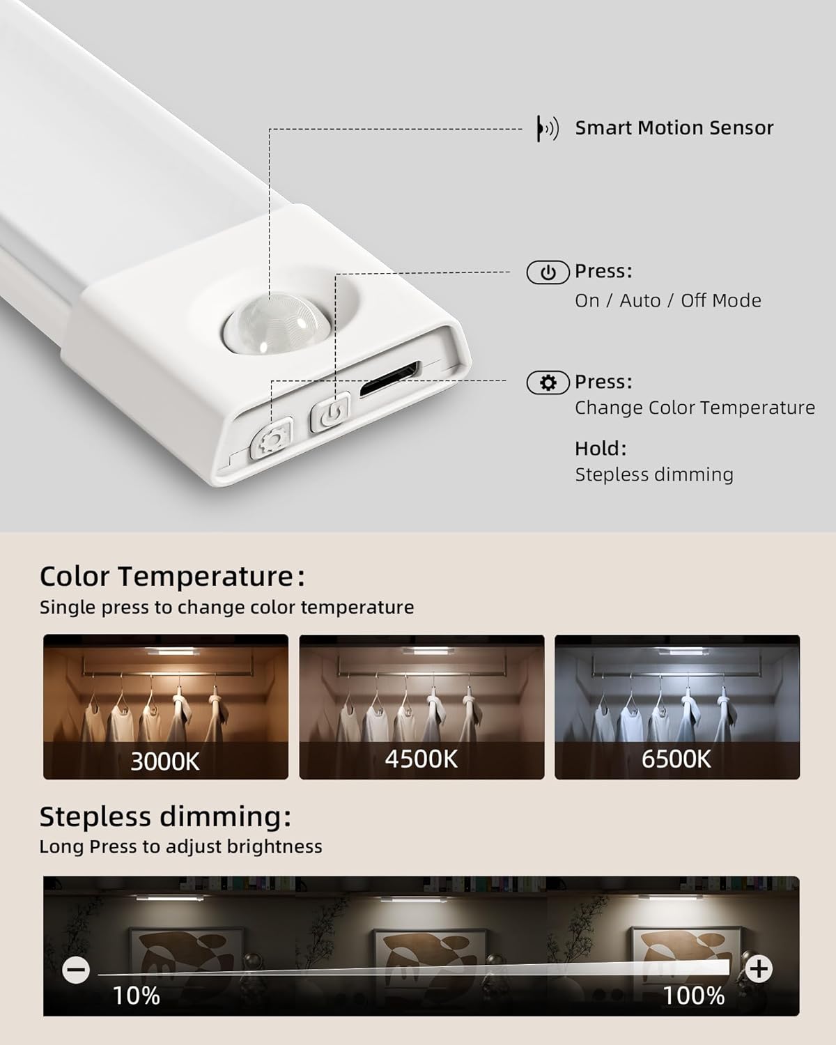 EZVALO 7.8" Rechargeable Motion Sensor Light Indoor, 6-Pack Under Cabinet Lighting, Wireless Closet Lights, 30 LED, Dimmable, 3 Color Temperatures, Step Lights for Kitchen, Pantry, Bedroom, Wardrobe