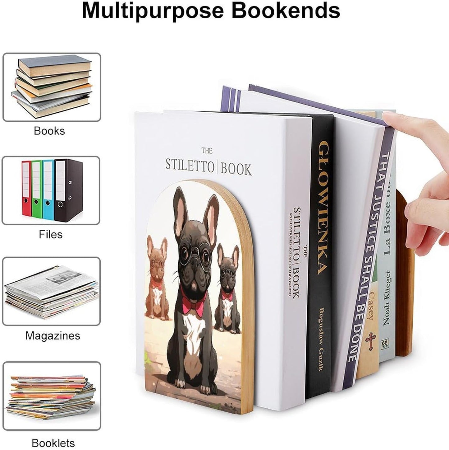 Cartoon Dog French Bulldog Bookend for Shelves Wooden Book End Large Size Sturdy Book Holders Stoppers with Metal Base for Bookshelves Slick Decorative Bookends Stands