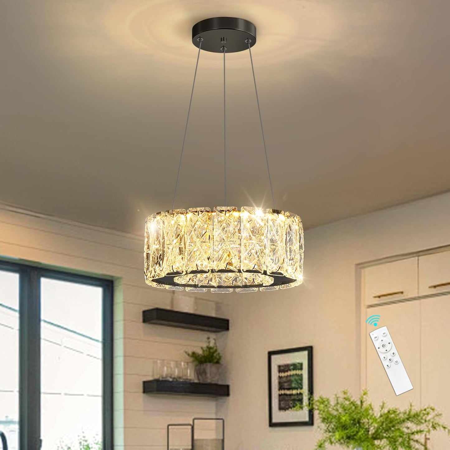Modern Crystal Chandelier 8W Dimmable LED Crystal Pendant Light Fixtures Height Adjustable Round Chandeliers for Dining Room Hallway Bedroom Black