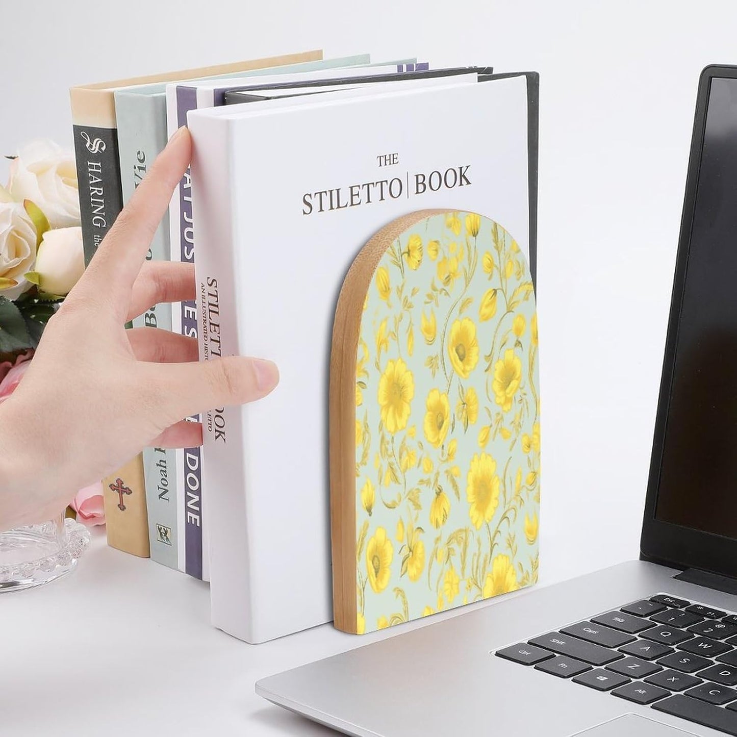 Yellow Flower Bookend for Shelves Wooden Book End Large Size Sturdy Book Holders Stoppers with Metal Base for Bookshelves Slick Decorative Bookends Stands