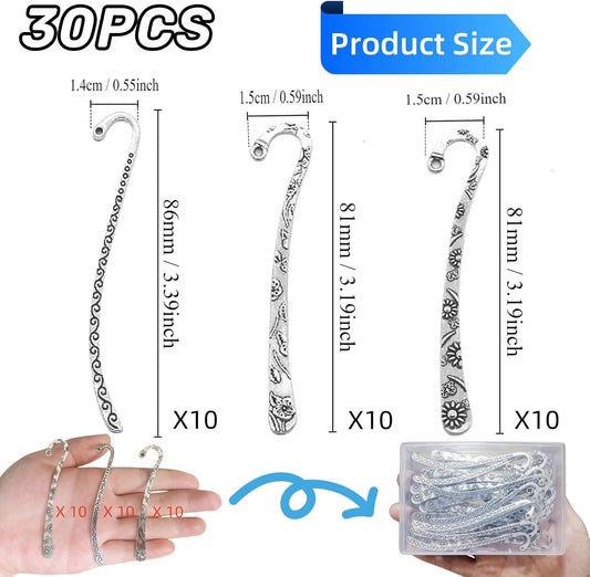 30 Pack Metal Bookmark, Silver Metal Bookmark Hairpin Hook Antique Tibetan Silver Carved Hook Bookmarks with Loop for Crafting