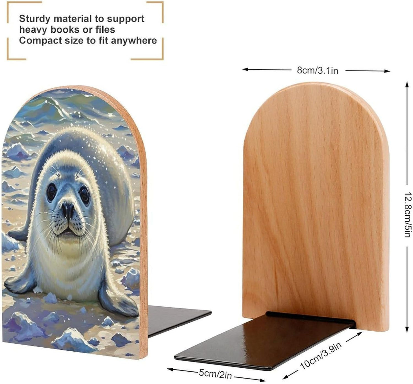 Harp Seal Painting Bookends 1 Pair Heavy Duty Book Ends for Shelves Non-Skid Bookend Supports Wooden Book Holders with Metal Base Desk Organizers Books Storage to Hold Books
